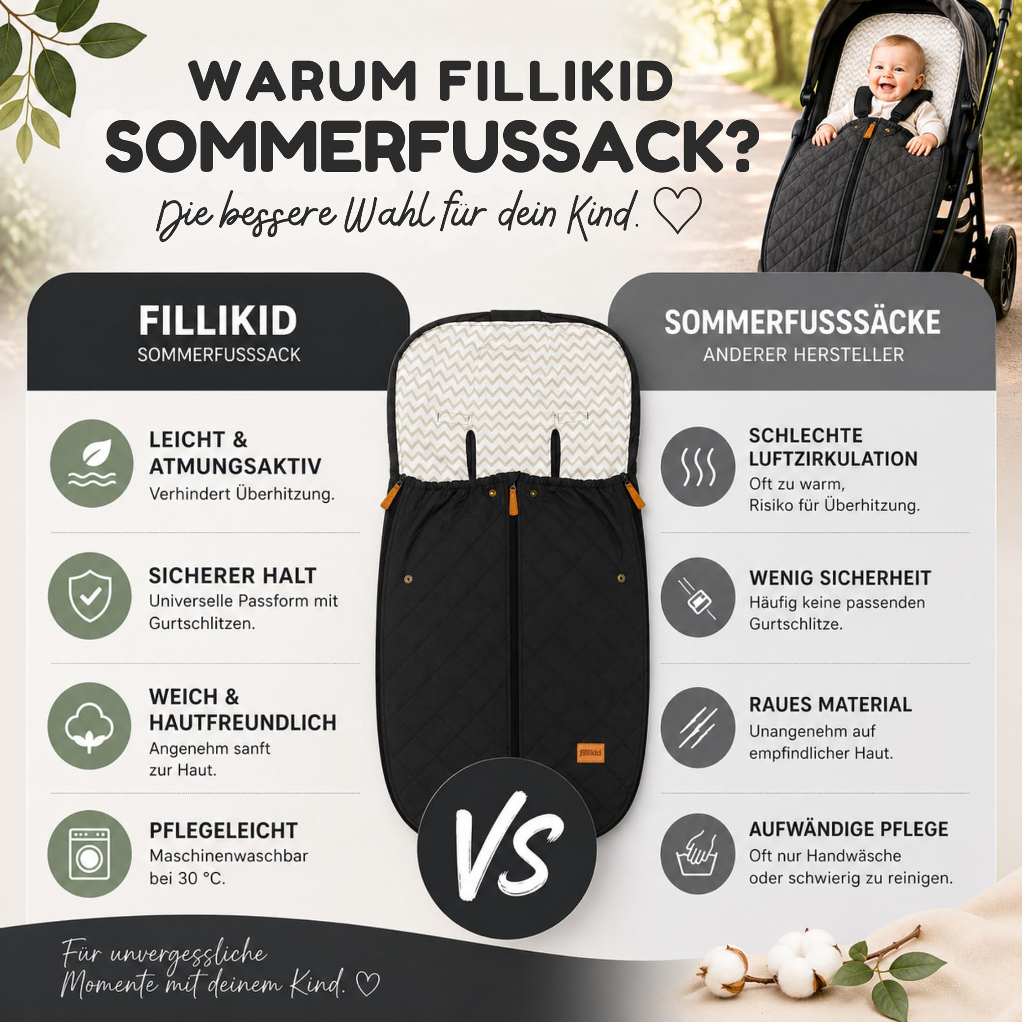 Fillikid Sommerfußsack Light Big Exklusiv 100x50cm Universal Kinderfußsack waschbar atmungsaktiv abnehmbar