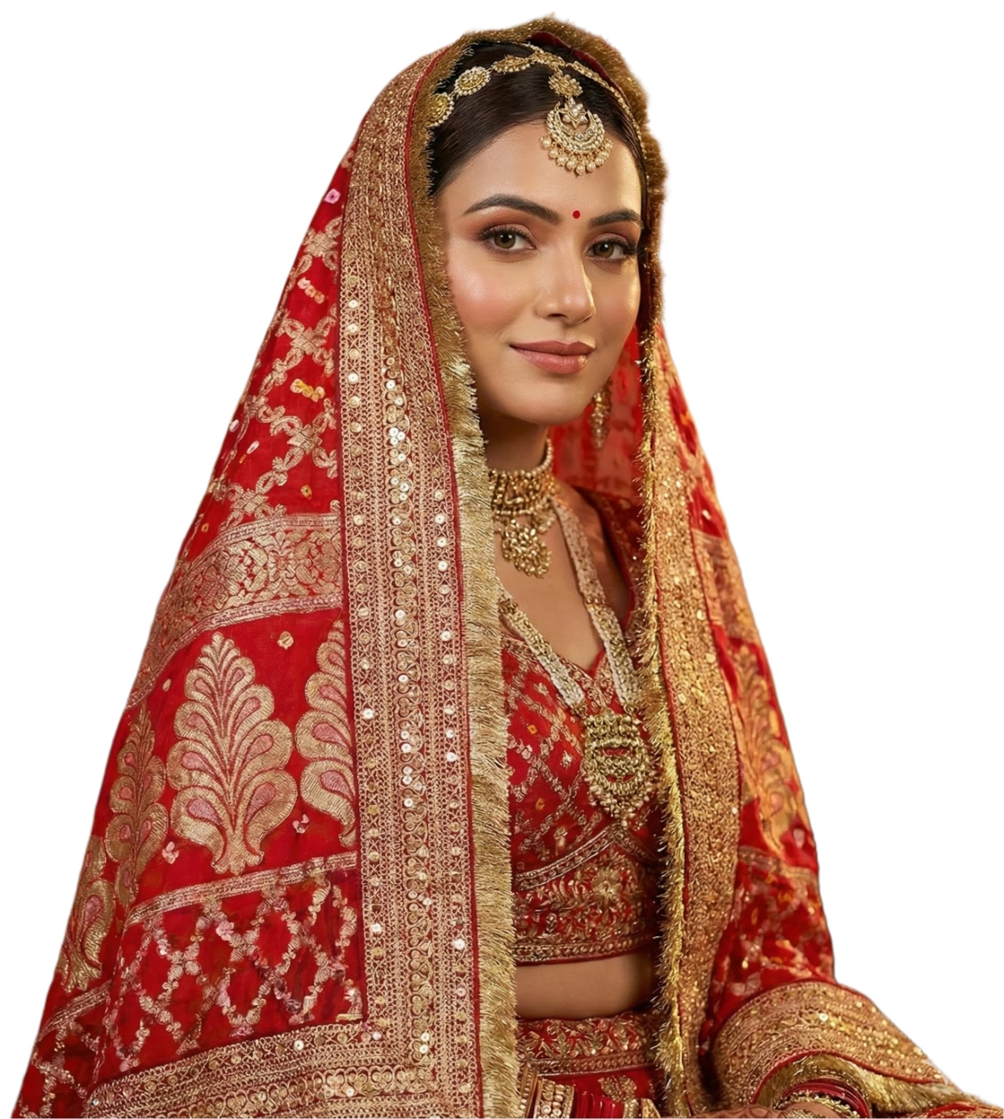 Women Wedding Bridal Red Dupatta In Banarasi Silk Brocade With Katrina Kaif's Marriage Dupatta's Embroidery Border (2.25M)