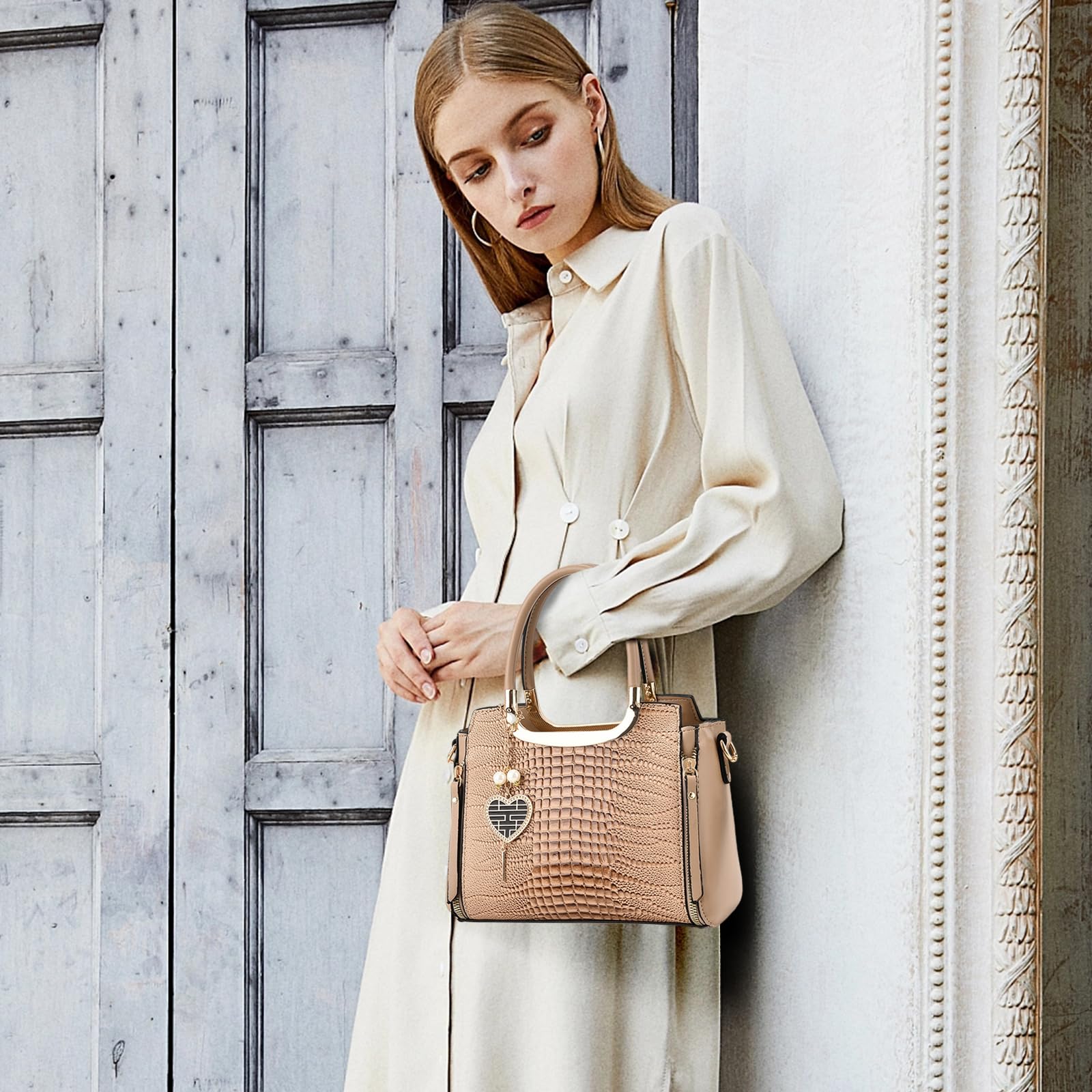NICOLE & DORIS Mode Handtaschen Damen Schultertaschen Elegant Henkeltasche PU Leder Umhängetasche Crossbody Bag Krokodil Handtasche mit Anhänger Khaki