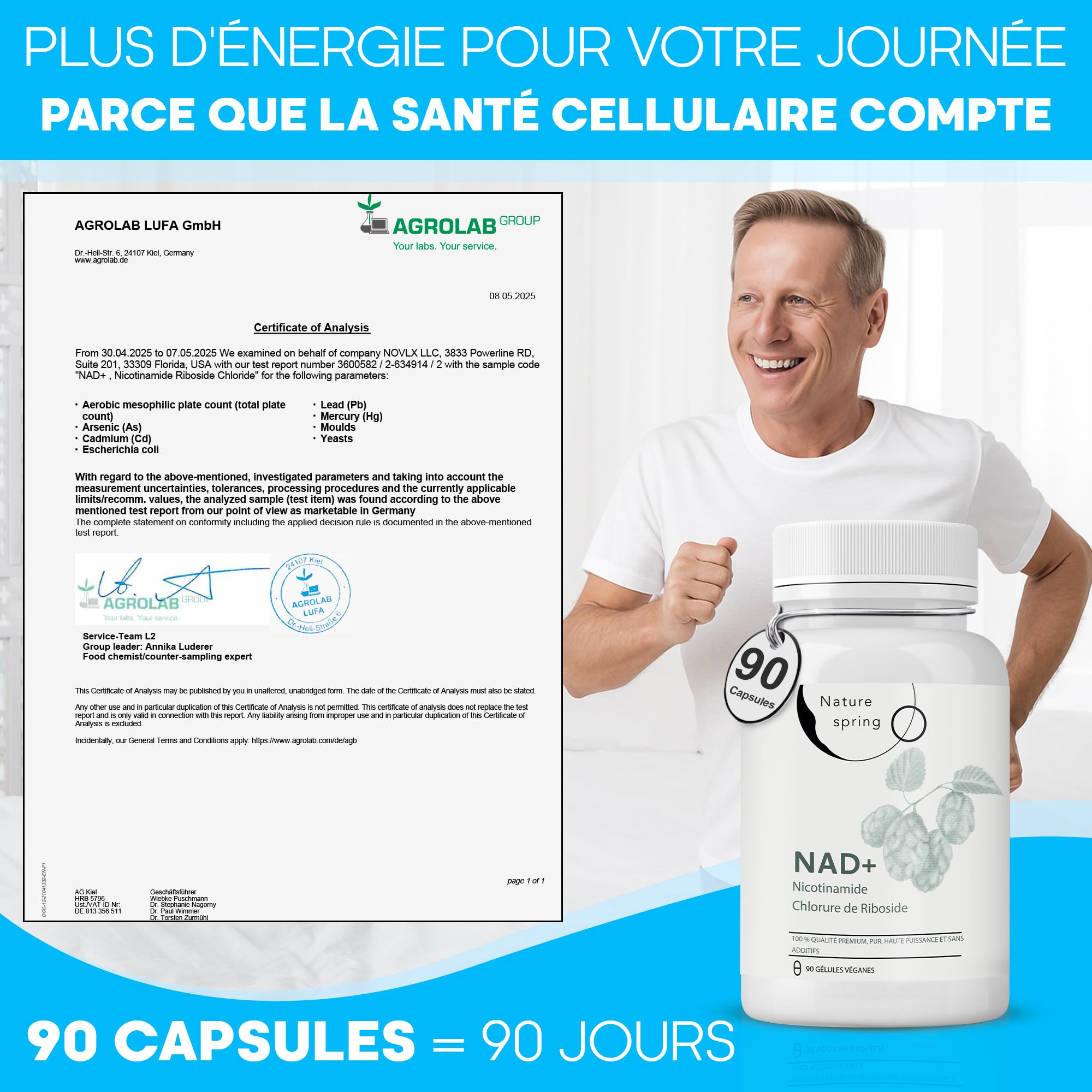 Nad Supplement Nicotinamide Riboside 90 Capsules - Testé en Laboratoire en Allemagne - 300 mg par Capsule - Nicotinamide Nad pour 3 Mois