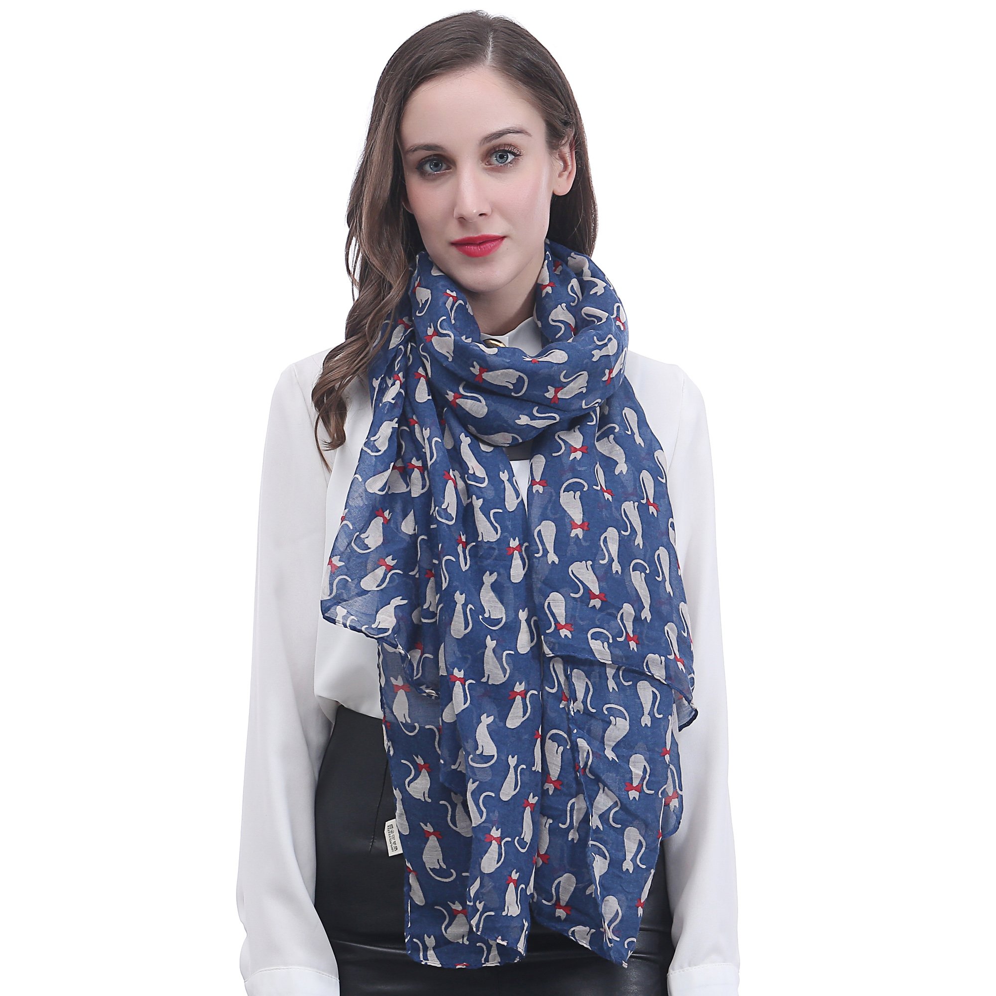 Lina & Lily Cat Print Ladies Scarf Shawl Wrap Lightweight (Blue)