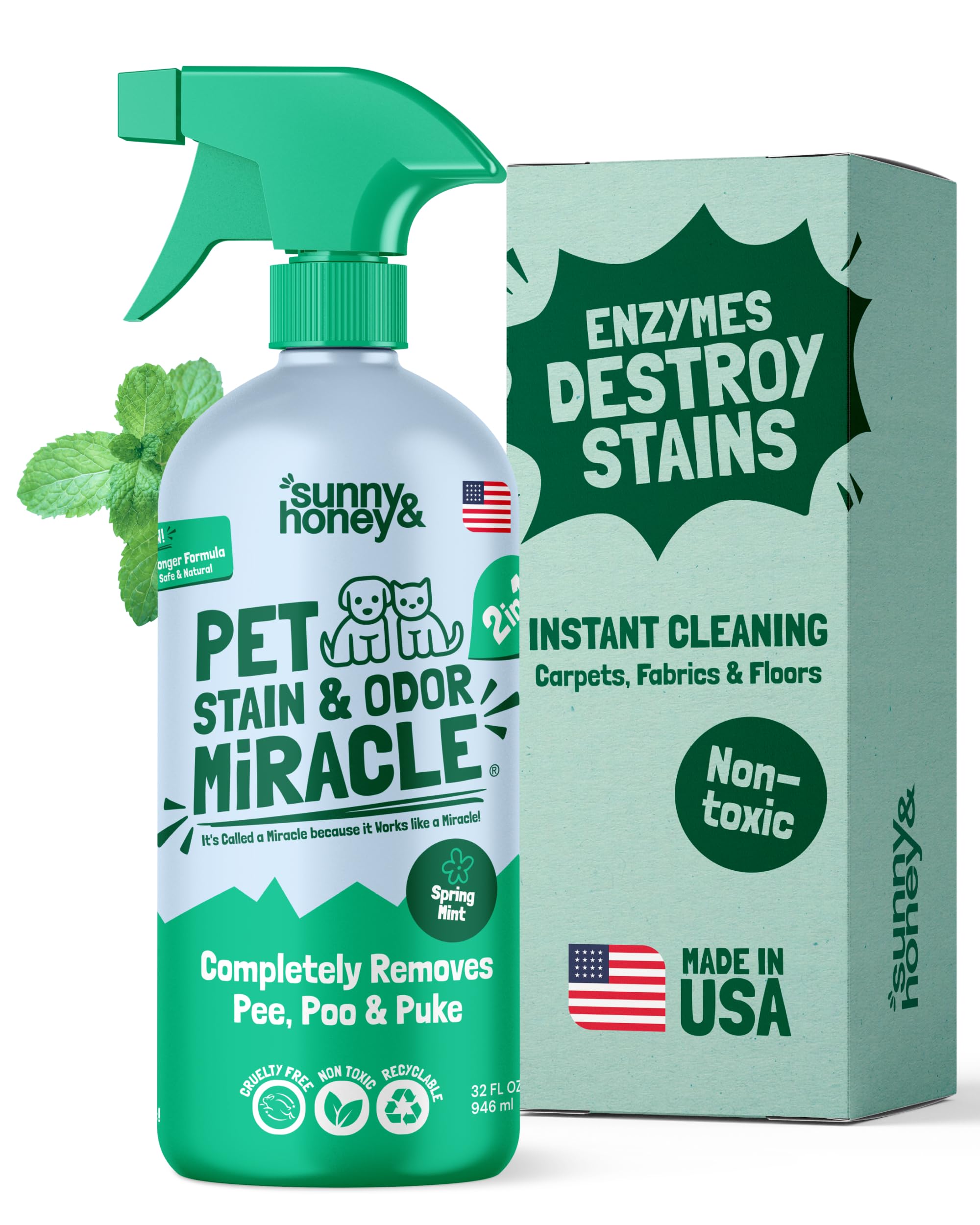 Sunny & Honey Pet Stain & Odor Miracle - 32 Fl Oz, Spring Mint Scent - Carpet Cleaner & Enzyme Spray for Carpets, Mattresses & Upholstery - Rug Shampoo & Dog Pee Cleaner & Odor RemoverSunny & Honey Pet Stain & Odor Miracle - 32 Fl Oz, S…