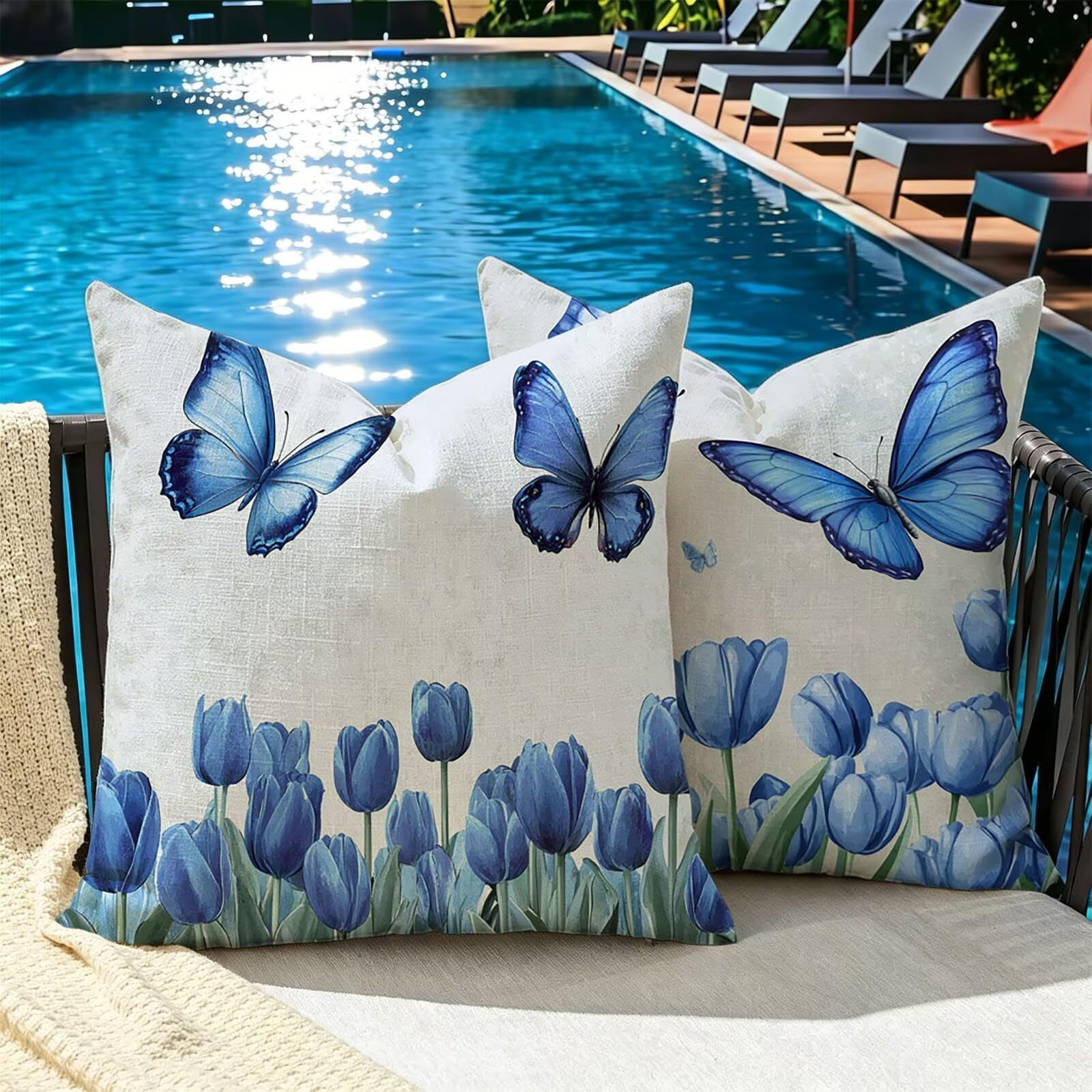 Coussin Exterieur Impermeable Coussin 65x65cm Lot de 2 Blanc Papillon