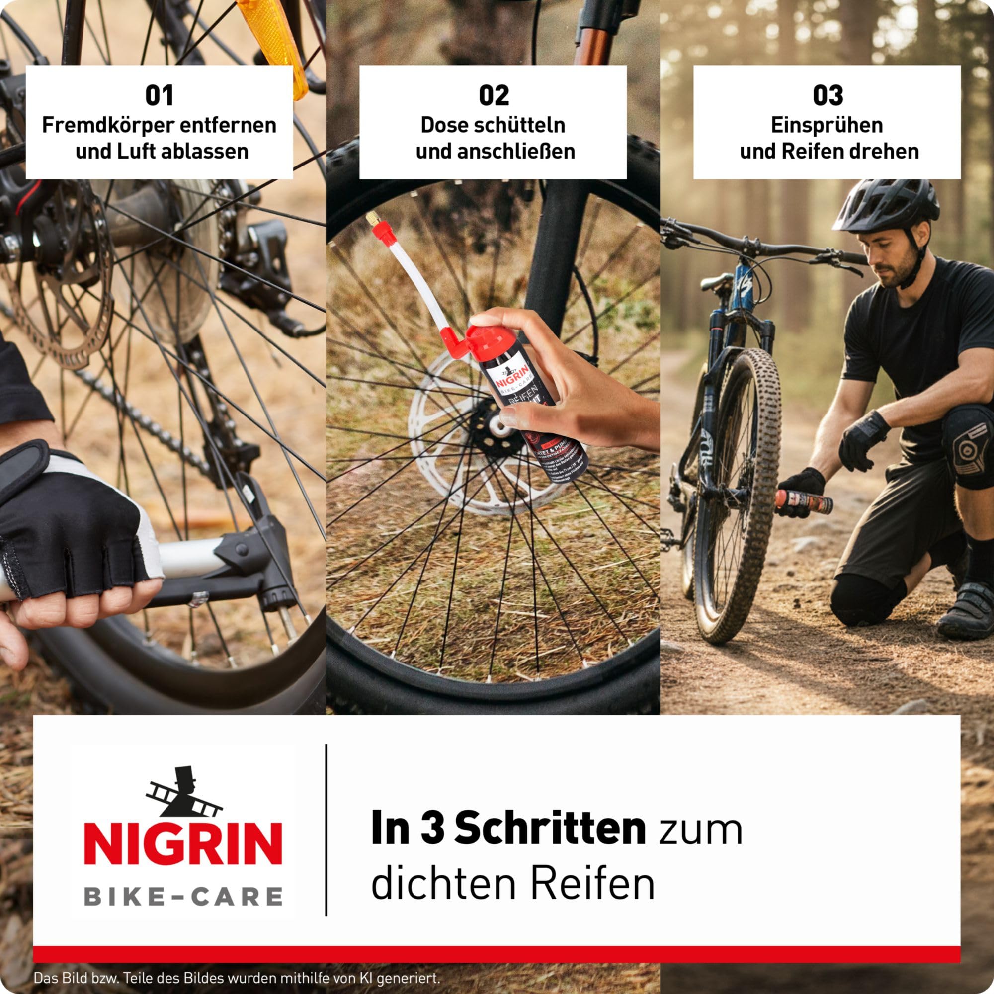 NIGRIN Fahrrad Reifendicht, sofortige Pannenhilfe, geeignet für alle gängingen Ventile, 75 ml - 3