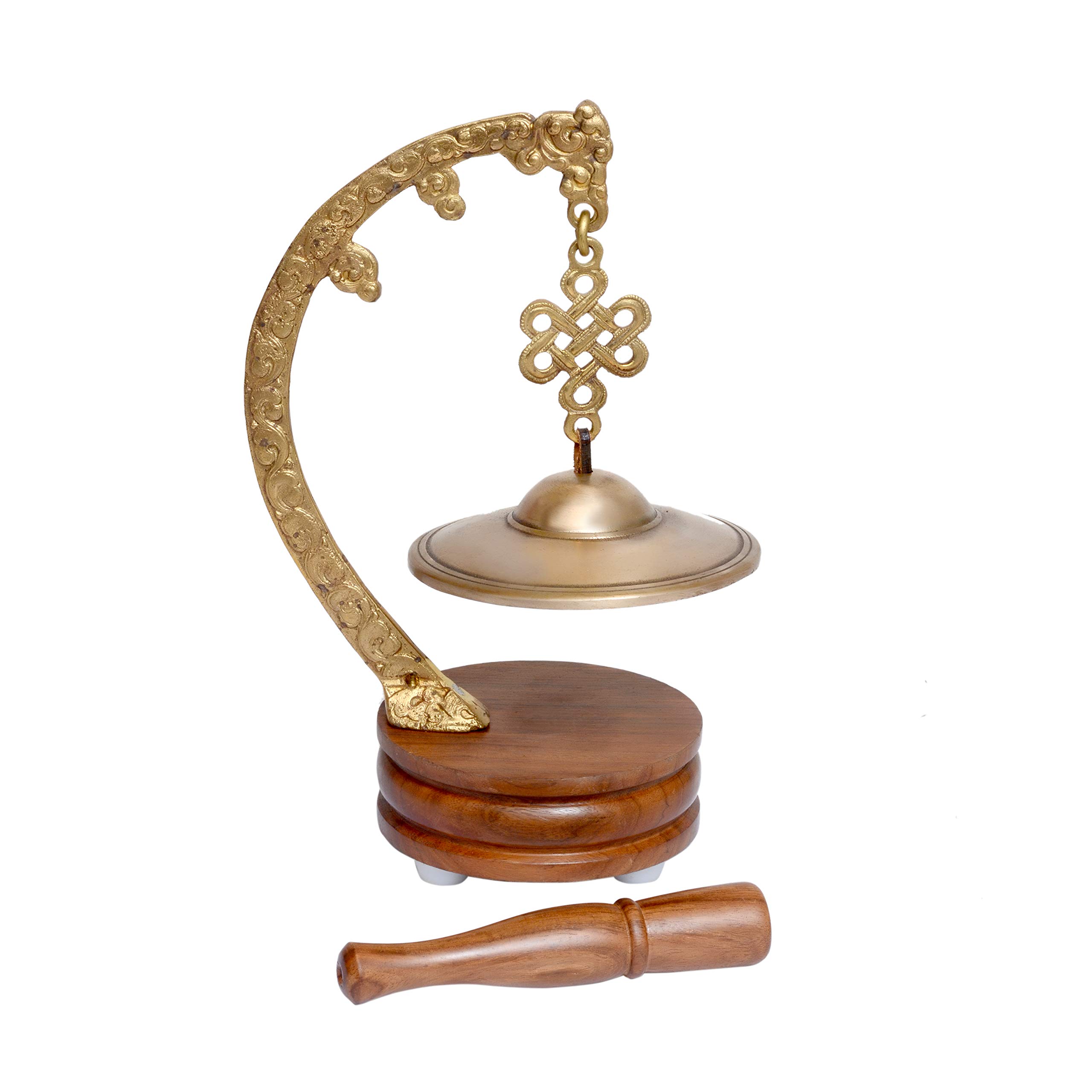 Brass Decorative Bronze Manjira Table Bell with Wooden Stand and Stick Dinner Gong- Traditional Indian Musical Instrument, for Home Decore and Puja Room