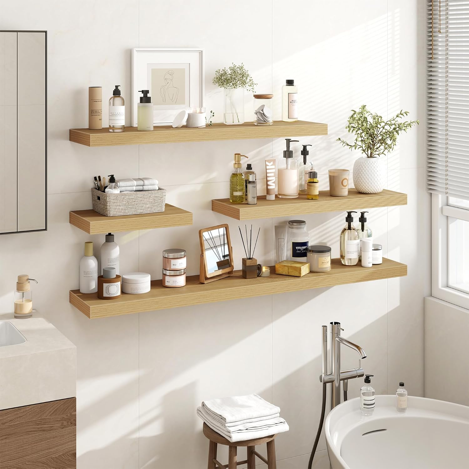 Acovy 36 Inch Floating Shelves, 3D Textured Wood Grain, 36"x9.25"x1.5" Inch Deep Floating Shelves for Wall, Wooden Shelves for Bathroom, Bedroom, Living Room, Natural, 2 Pieces Natural 36" x 9.25"