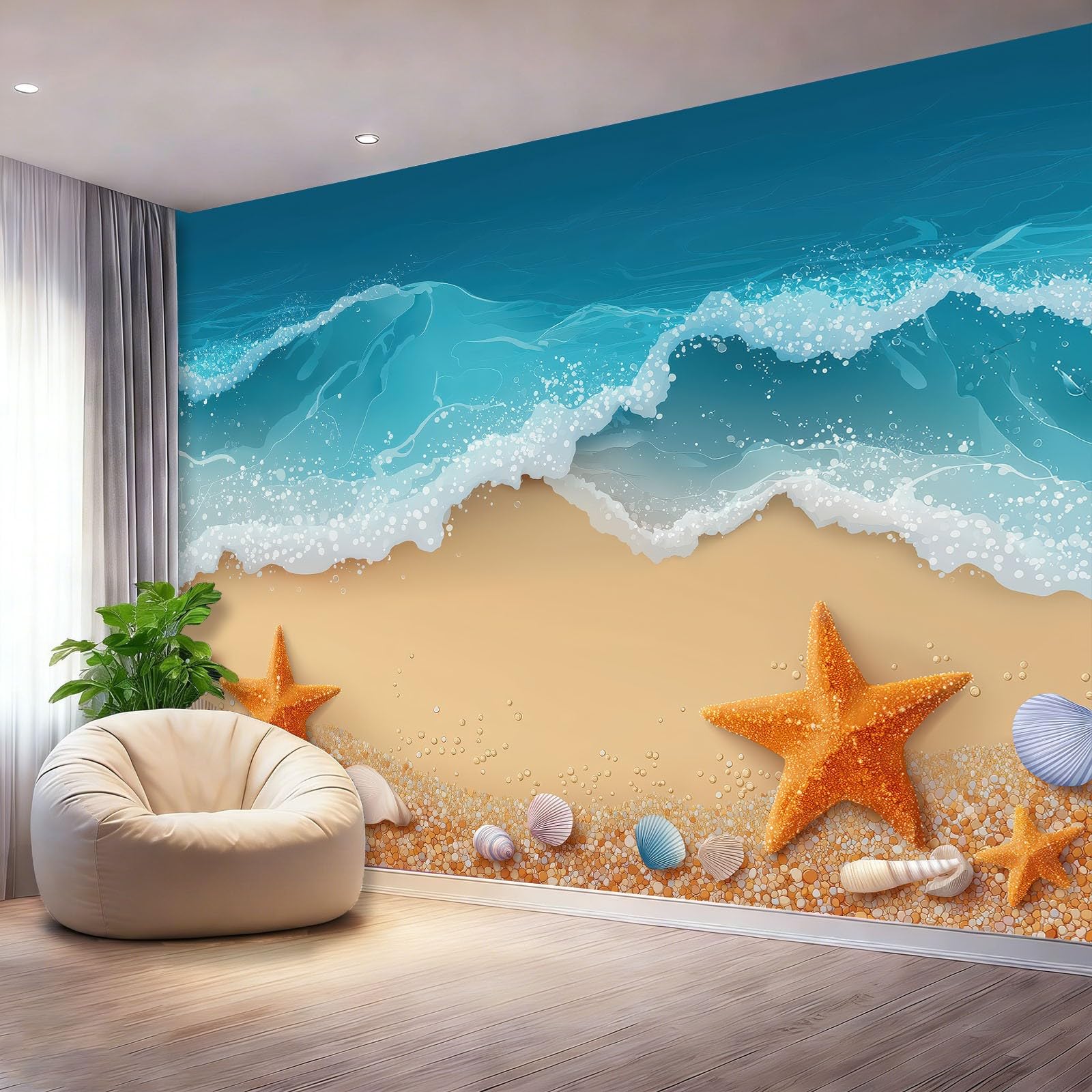 WTD Fototapete Minimalistic Modern 250 x 175 cm Papel pintado de fieltro efecto 3D playa ola estrella de mar grande foto papel pintado dormitorio salón oficina papel pintado decoración de pared