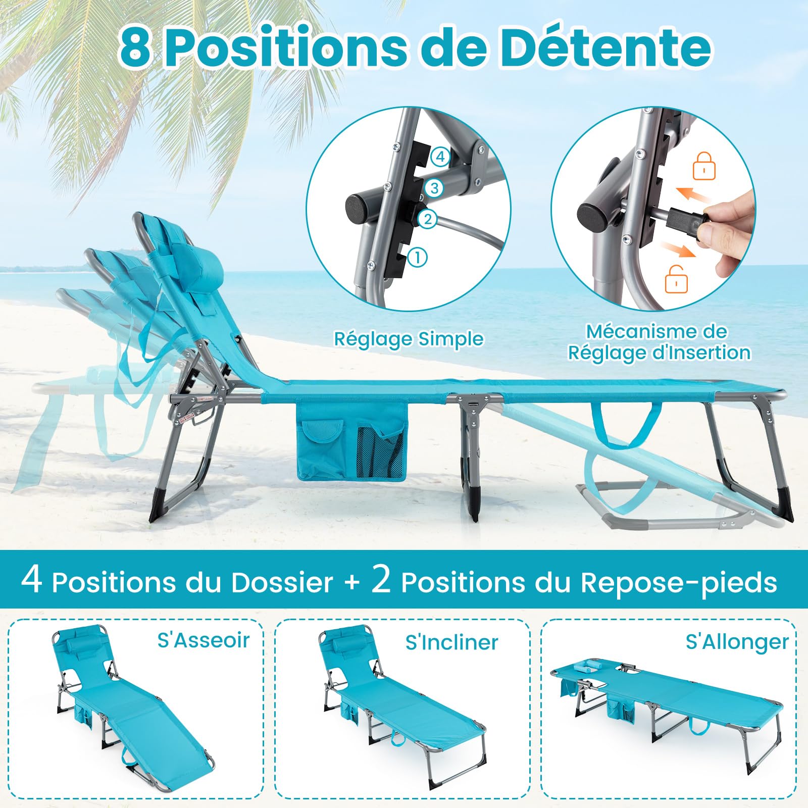 COSTWAY Bain de Soleil Réglable à 4 Positions, Chaise Longue Pliante, Trous pour Visage&Bras, Poche Latérale, Appuie-Tête Amovible, Transat pour Jardin Piscine Terrasse, Charge 150 kg (Turquoise)