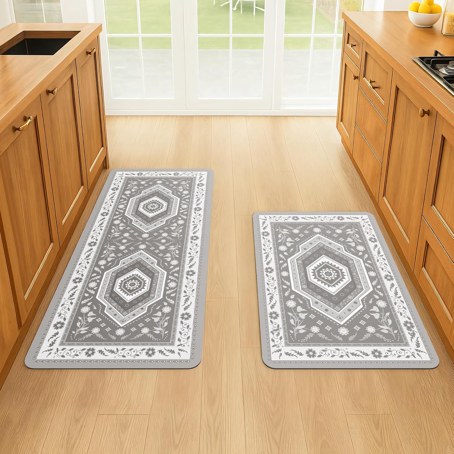 ArtyCozy 2 Piece Boho Kitchen Rug Set, Non-Slip Super Absorbent Kitchen Mats for Floor with Rubber Backing, Stain Resistant Runner for Hallway Laundry Holiday Decor, Grey, 20" × 32'' Plus 20'' × 47''