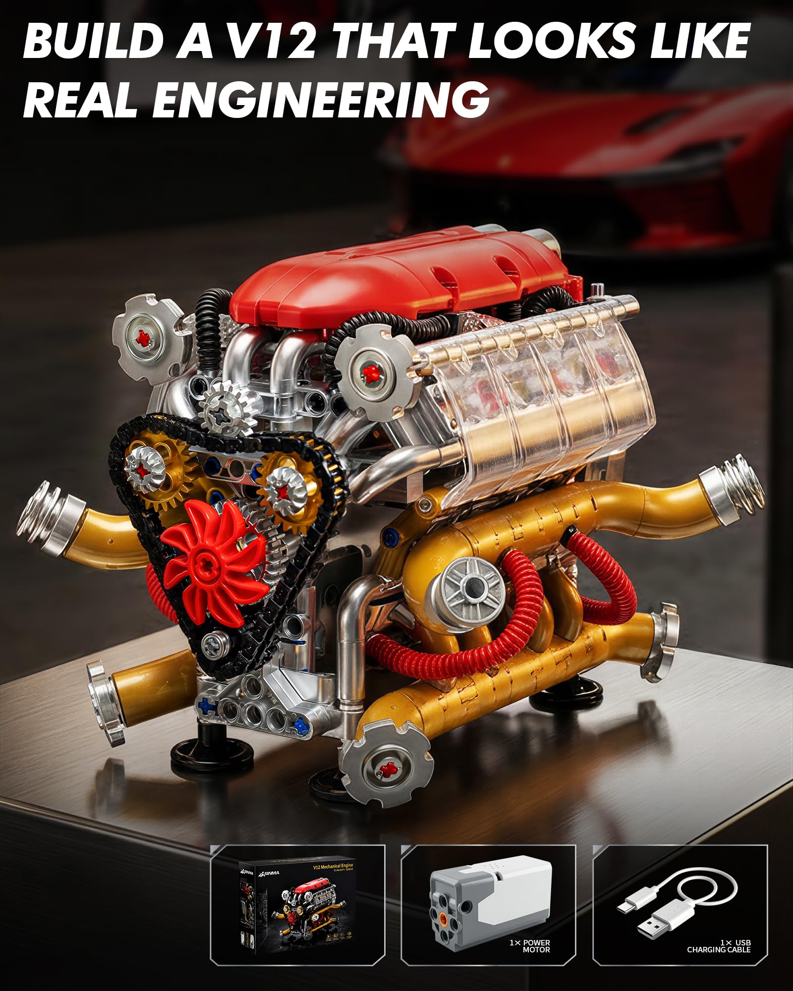 JSINMA V12 Kit de construction mécanique motorisé pour adultes avec pistons mobiles visibles, couvercle latéral transparent, cadeau pour les amateurs de voitures, 620 pièces
