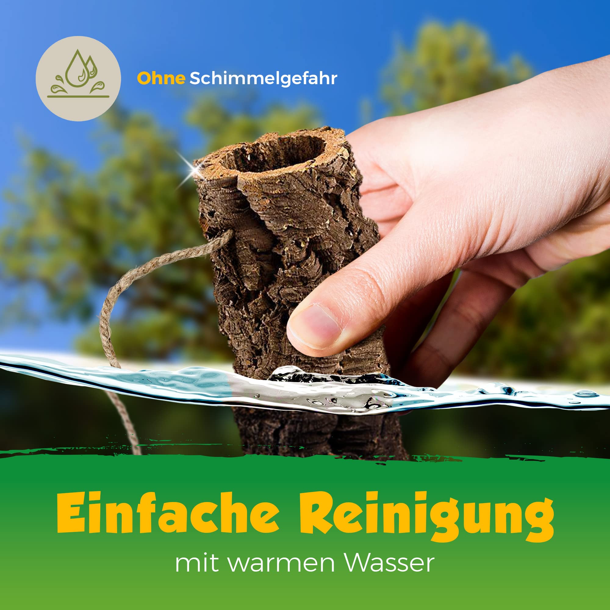 Korkröhre als Schaukel für Vögel | Röhre aus Naturkork | zum Schaukeln, Spielen, Anknabbern & Knuspern | Reine Kork-Rinde, desinfiziert | Karabinerhaken aus Edelstahl