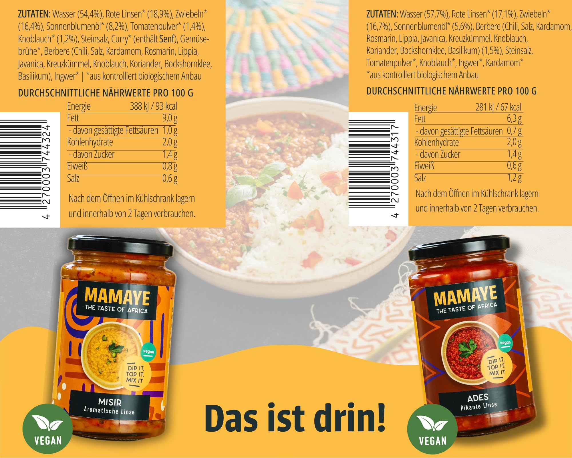 Mamaye® Deine Linsenliebe – 6er-Bundle Vegane Ostafrikanische Linsen Bowls | Proteinreich, Glutenfrei & Vegan | Schnell, Gesund & Natürlich | 6×380 g