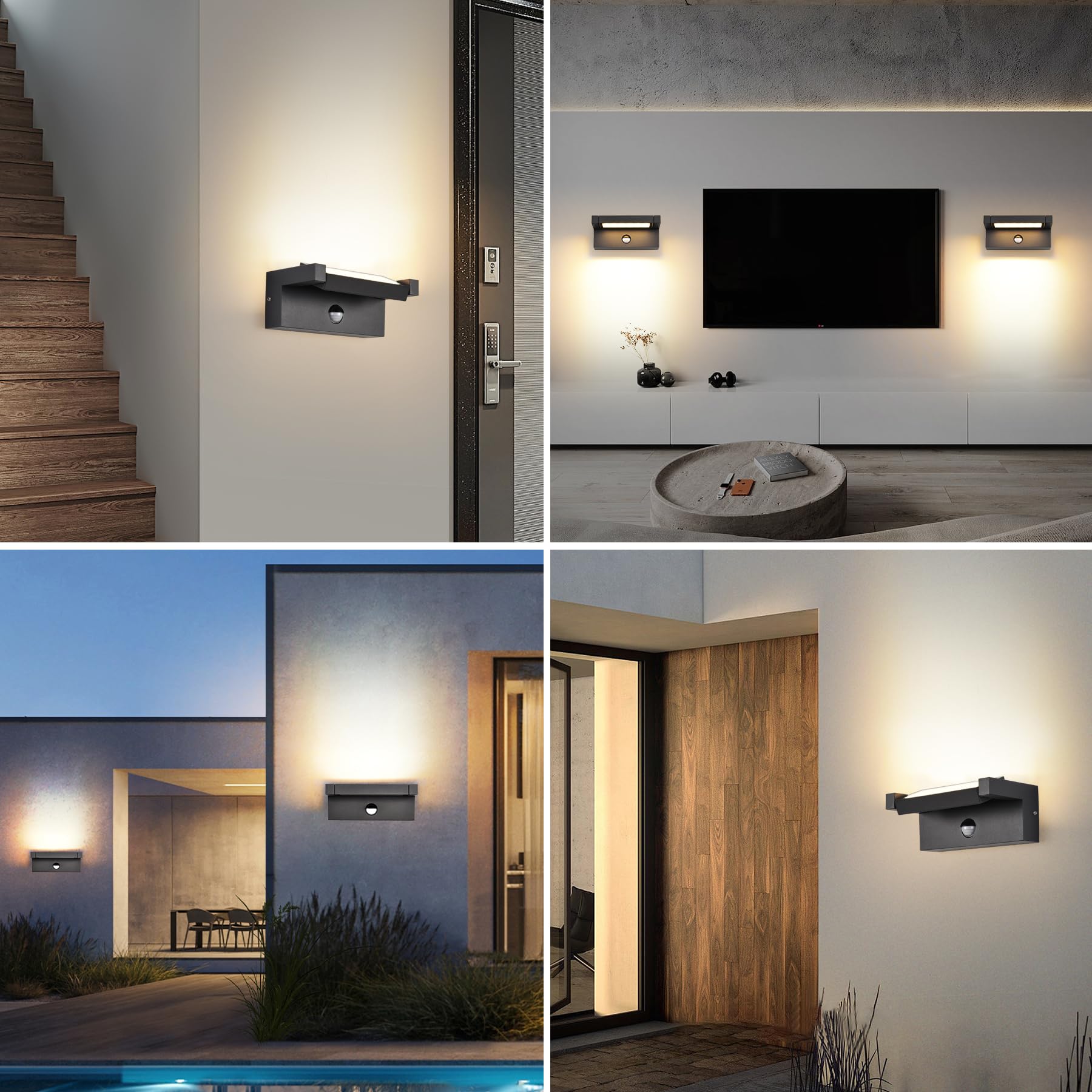KUKAK LED aplique pared de 22W con sensor de movimiento,luz terraza exterior IP65 impermeable,aplique de 3000K en blanco cálido para exterior/interior con panel orientable de 350° para jardín,Negro