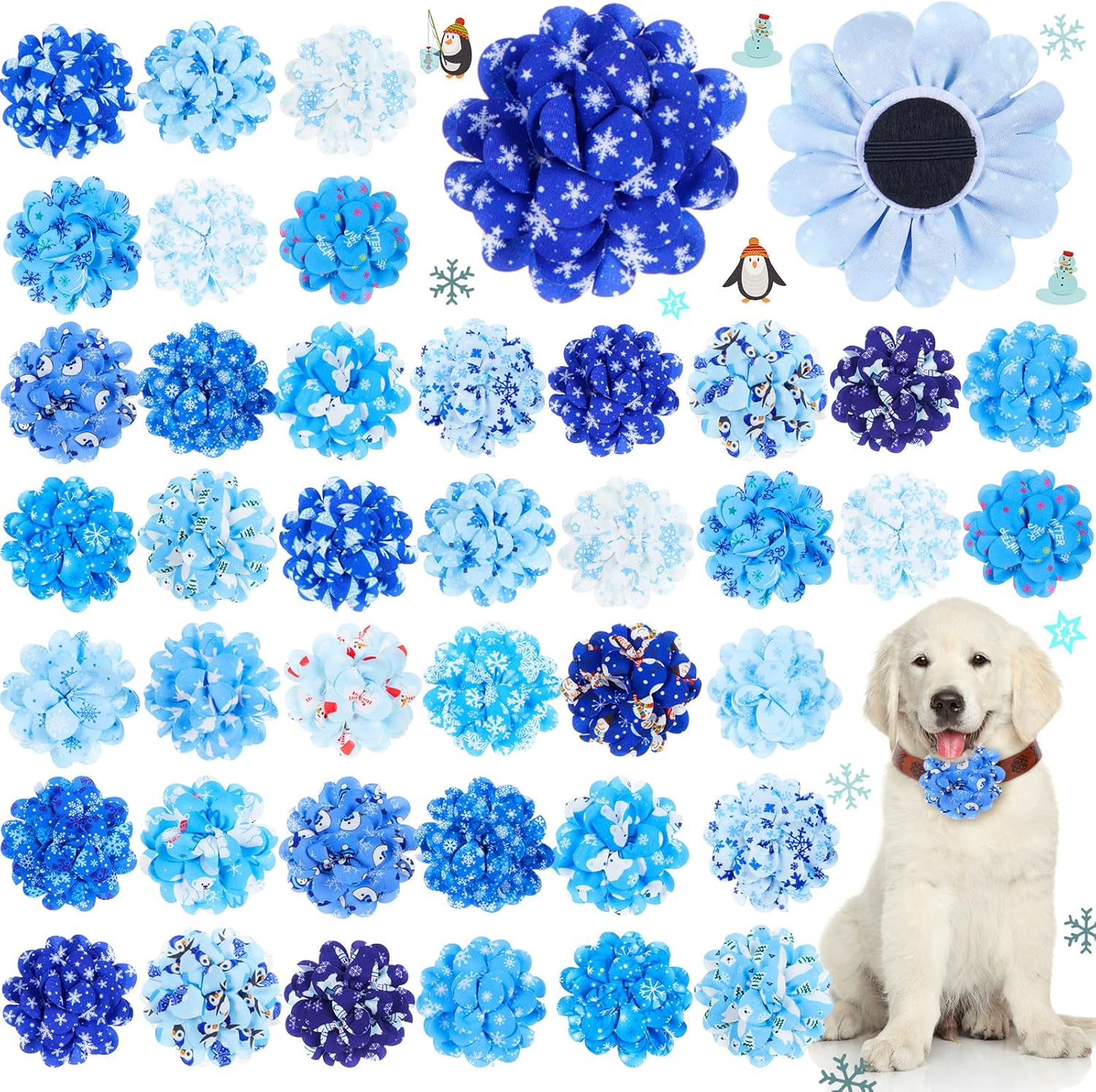 Lyrow 100 Pcs Blue Dog Collar Flowers, Boy Puppy Dog Charms with Snowflake Design, Grooming Accessories Bulk Bow Tie Flower for Dogs Cats Collar Attachment Decoration