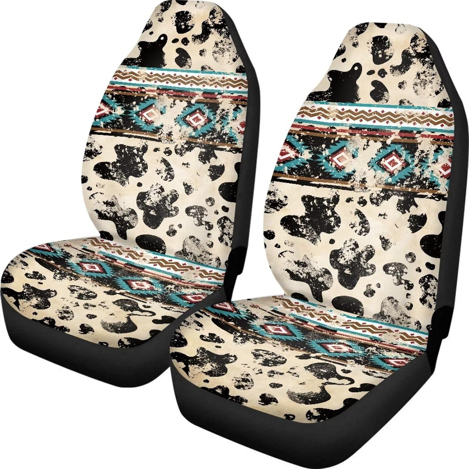 Set of 2 Western Aztec Cow Automotive Seat Cover Full Set Car Protection Accessory,Comfy Elastic Front Seat Covers for Most Vehicle,Durable Elastic Car Seat Cushion