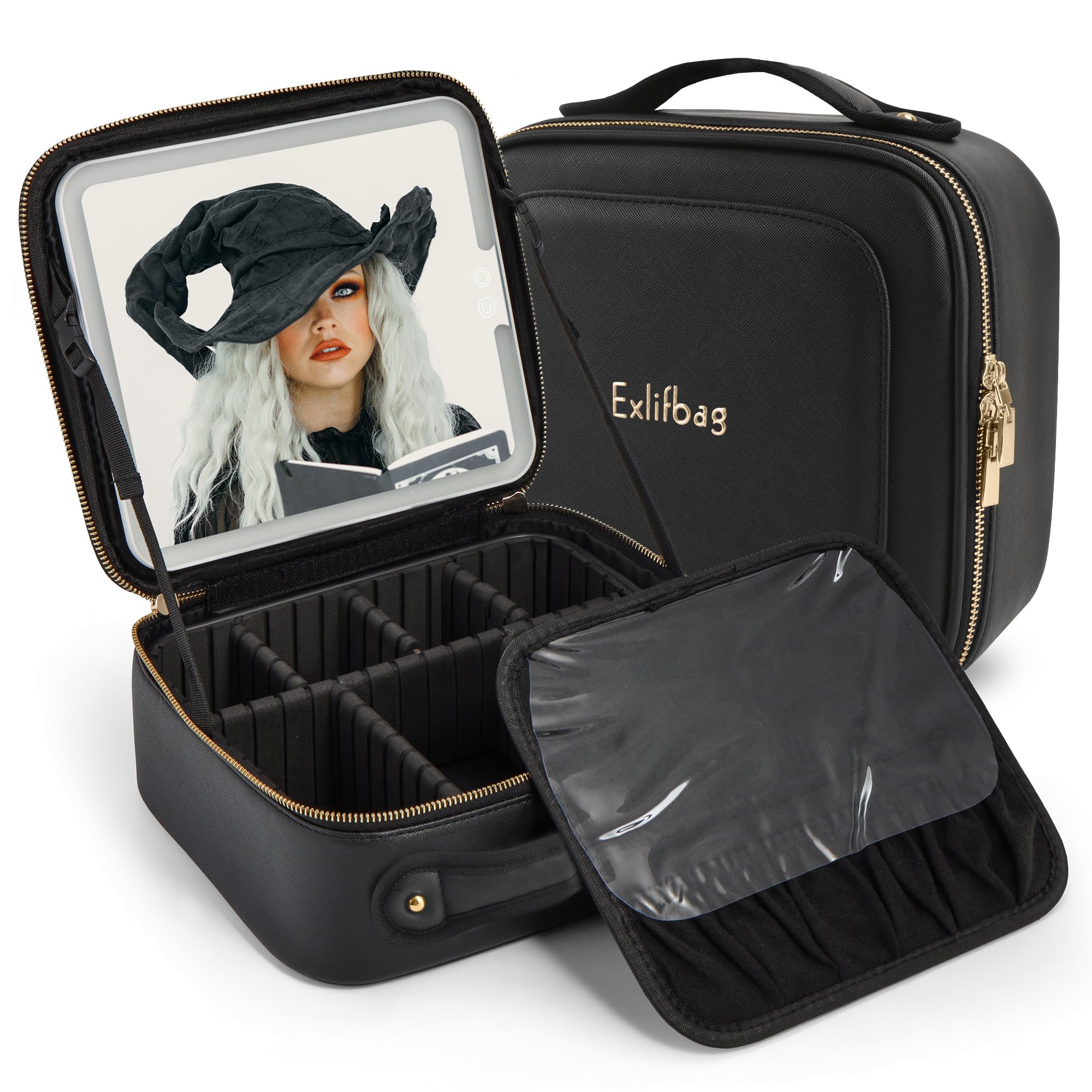 EXLIFBAG Makeup Bag with Led Mirror, Portable Travel Makeup Bag Organizer, Cosmetic Bag (Black)