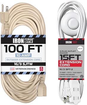 الحديد فورج كابل البيج في الهواء الطلق تمديد الحبل 100 ft، 16/3 10 Amp SJTW الثقيلة السلطة كابل مانعة لتسرب الماء و 15 Ft تمديد الحبل مع تبديل القدم و 3 منفذ كهربائي - 16/2 دائم الأبيض القدم الحنفية