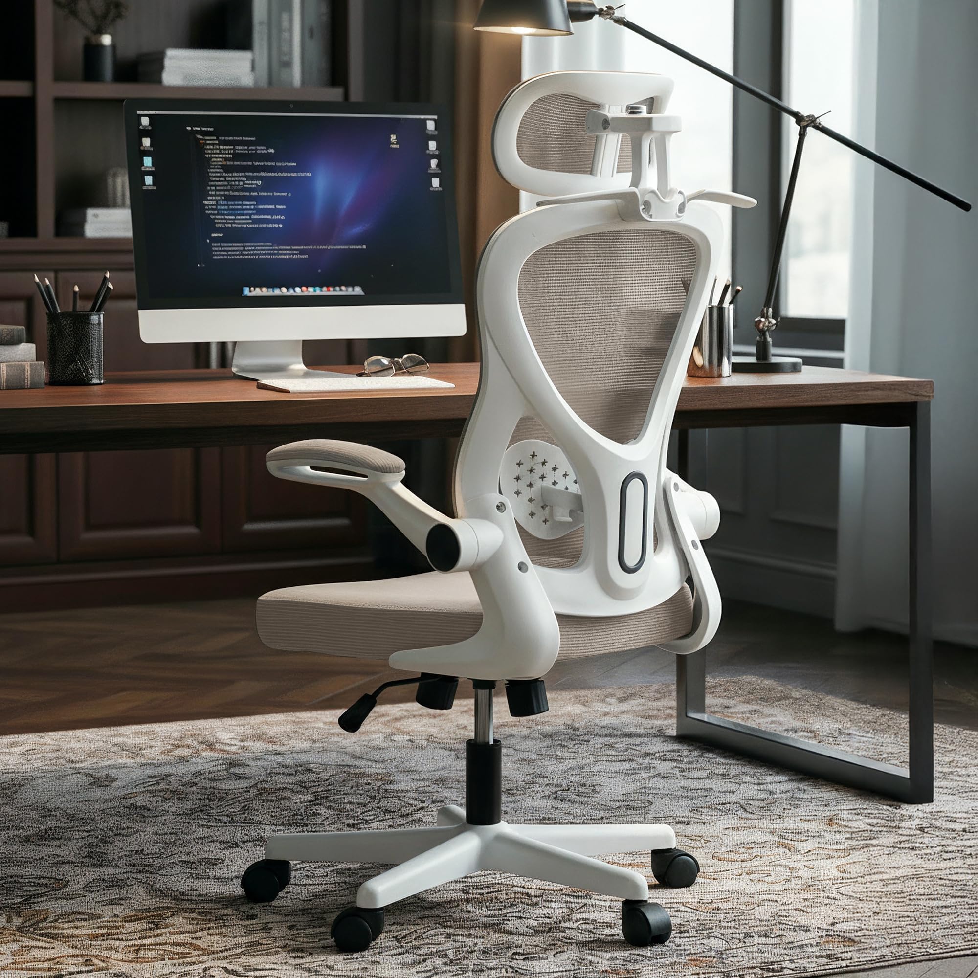 DROGO Ergonomic Office Chair for Work from Home with Breathable Mesh, Flip-up Armrest, Adjustable 3D Headrest & Lumbar Support | Computer Chair for Study | Gaming Chair with 130 Recline (White/Grey)