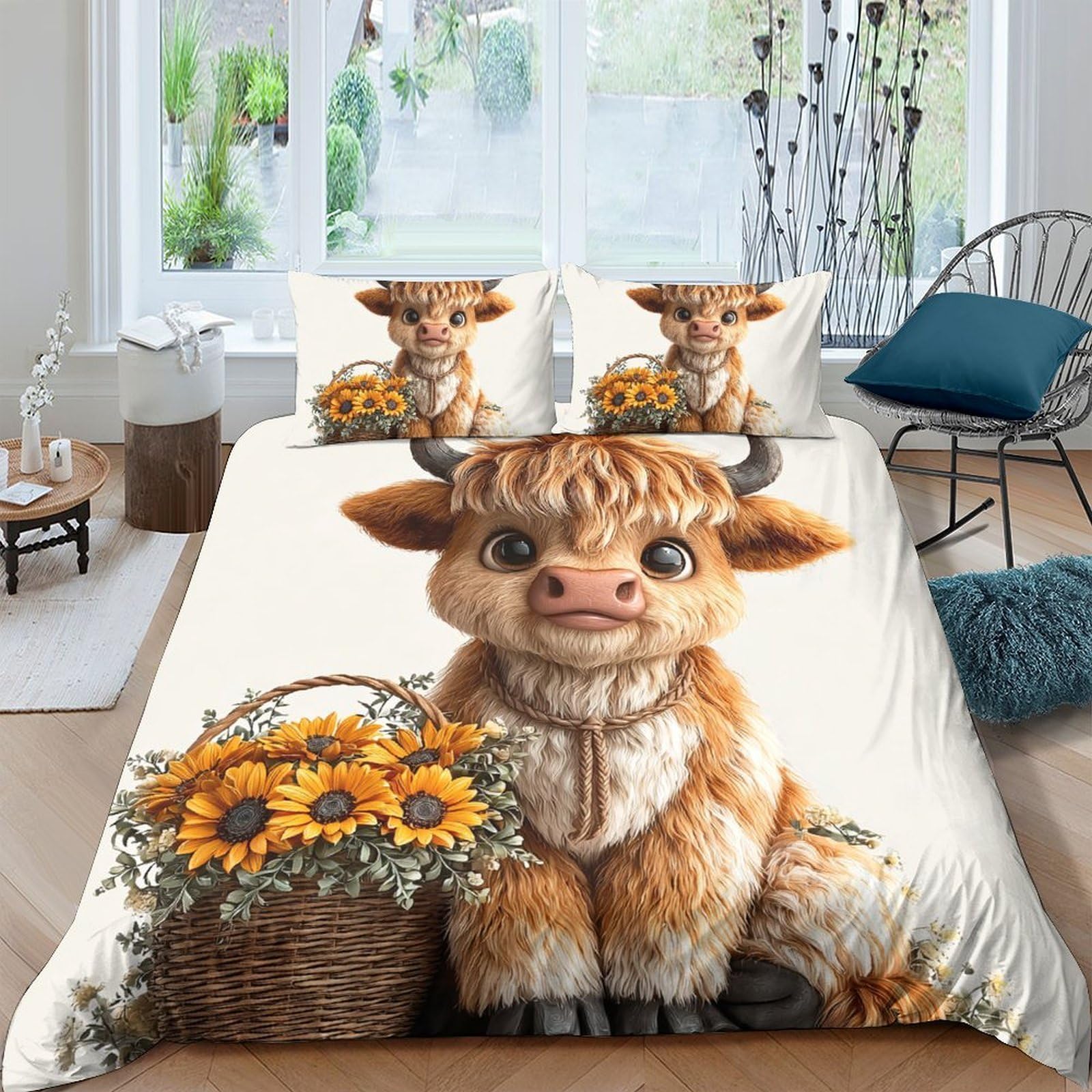 Ctjqhvkz Style-7 3D Printed Cute Highland Cow Fitted Sheet Microfiber Sunflower Basket Mattress Cover For Bedroom Guest Room Decor Single（135X200cm）