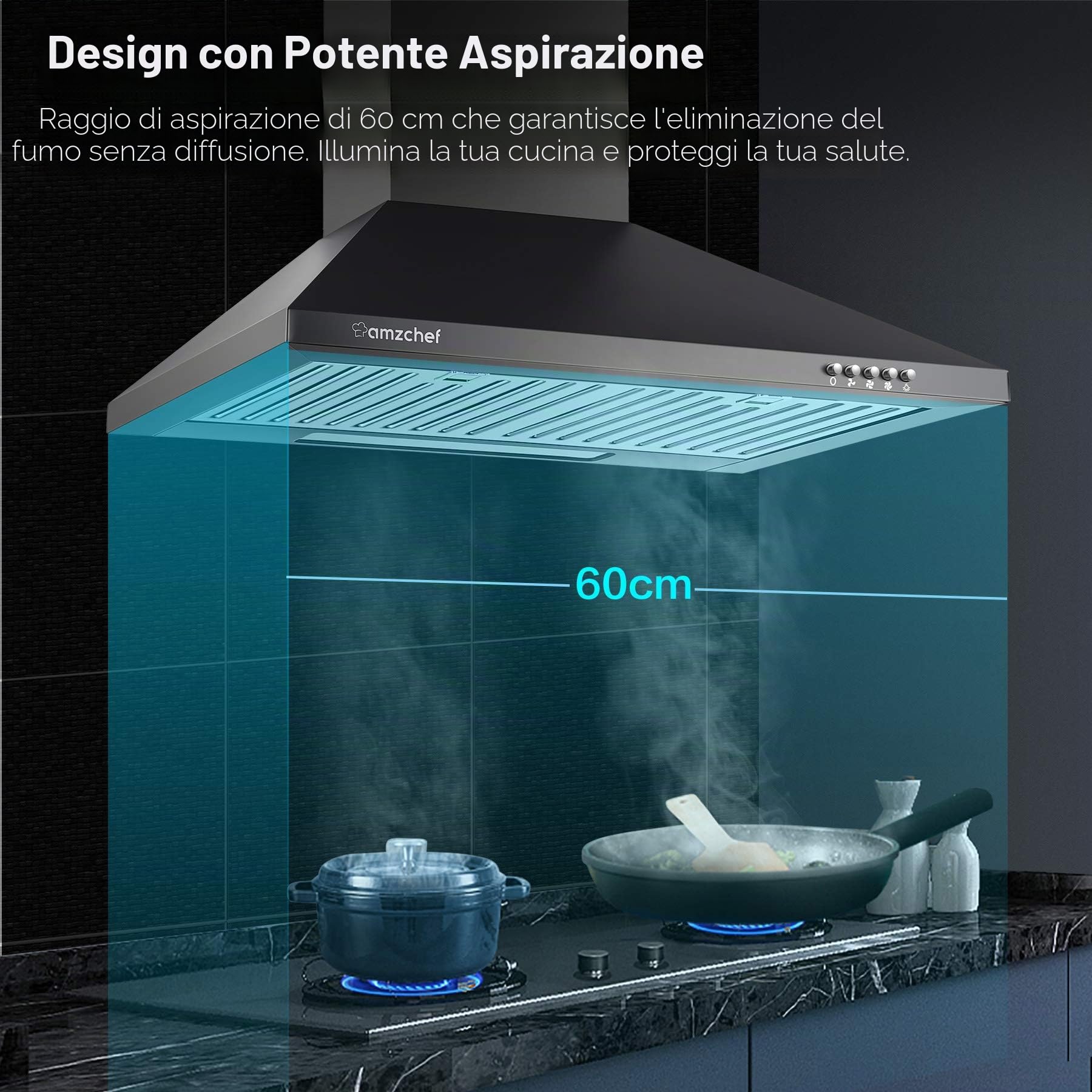 AMZCHEF Cappa Aspirante 60cm cappa a parete per ricircolo o espulsione aria cappa aspirante 370m³ / h 3 livelli di potenza illuminazione LED super silenziosa
