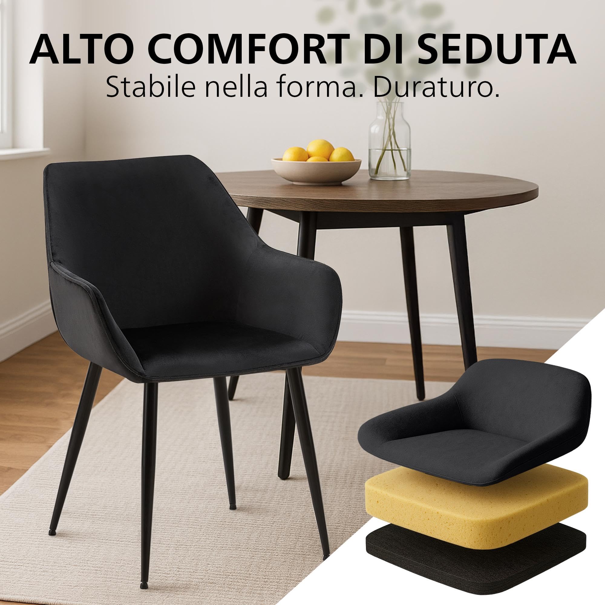 CLP Set di 2 sedie da pranzo imbottite con schienale Luena, sedia da cucina in velluto o tessuto, struttura in metallo, portata fino a 150 kg Colore:nero;Materiale:Velluto