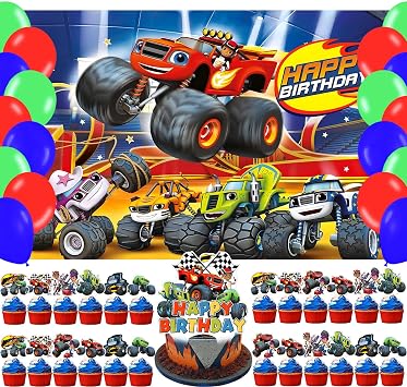 Blaze and The Monster Car Birthday Photography Backdrop 5x3ft Photo Background Monster Car Happy Birthday Cake Toppers for Cartoon Party Supplies Decorations5x3ft