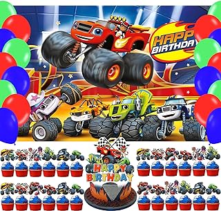 Blaze and The Monster Car Birthday Photography Backdrop 5x3ft Photo Background Monster Car Happy Birthday Cake Toppers for Cartoon Party Supplies Decorations(5x3ft)