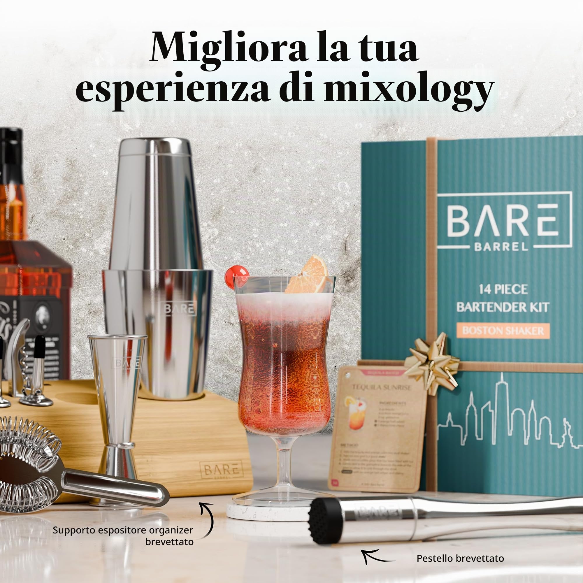 Kit cocktail Pro | Kit Bartender Mixology | Set di shaker per cocktail da 14 pezzi, accessori Martini Home Bartending Bar | incl. 35 schede per ricette, set regalo (Shaker Boston da 800 ml/28 oz