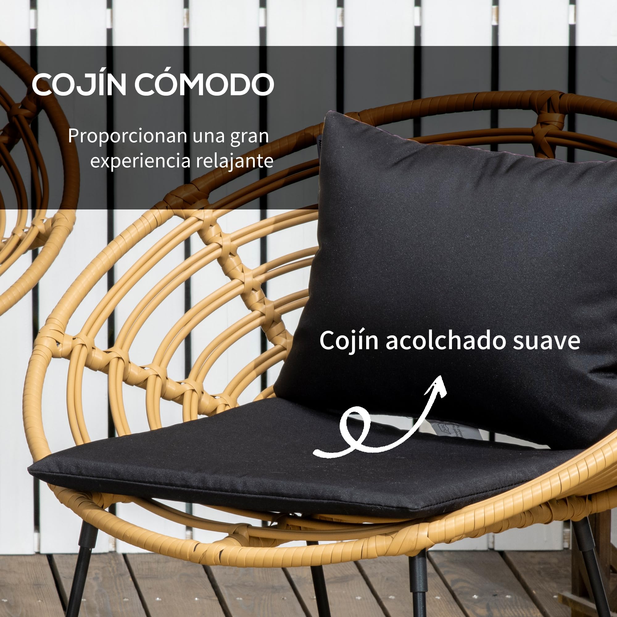 Outsunny Conjunto de Jardín Exterior de Ratán Sintético de 4 Piezas Muebles de Jardín Exterior Incluye 1 Sofá Doble 2 Sillones y Mesa de Vidrio con Cojines Natural y Negro