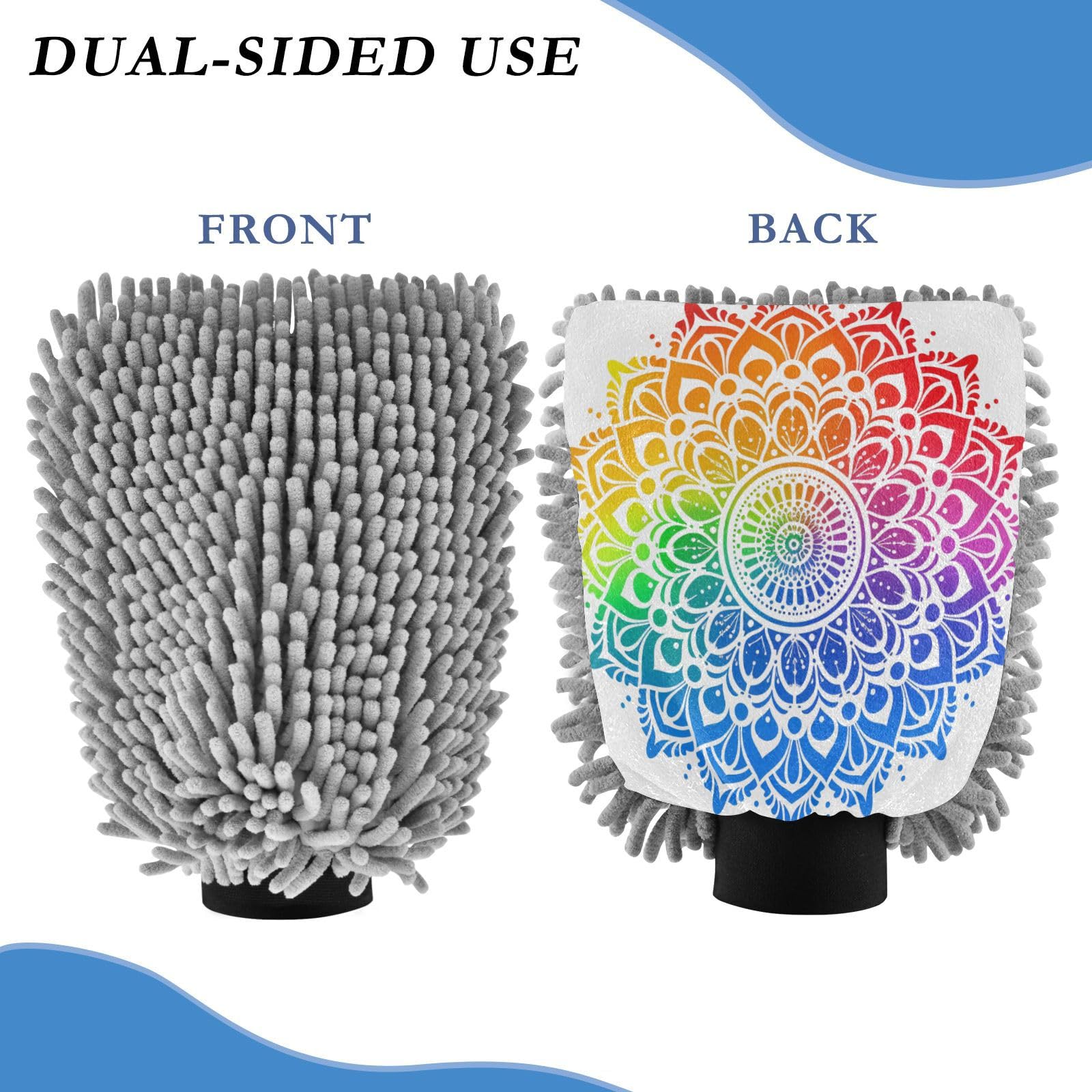ALAZA Gradient Rainbow Mandala Car Wash Mitt Scratch Free, 2 Pack Absorbent Microfiber/Chenille Washing & Drying Mitts, L