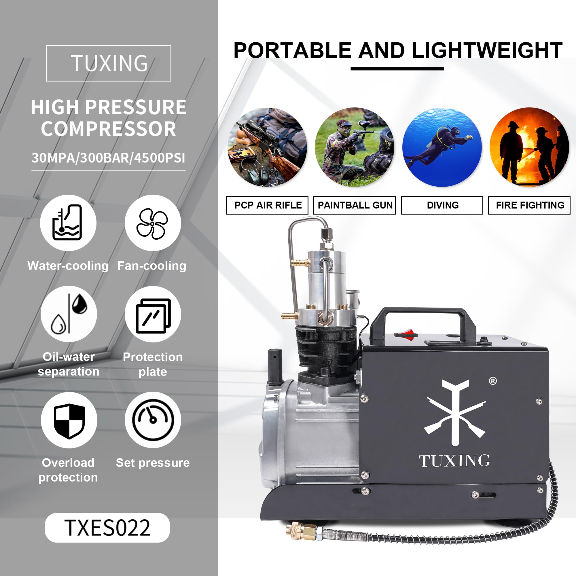 TUXING Compressore d'aria Pcp, compressore elettrico a pressione regolabile con doppio sistema di raffreddamento acqua/ventola per fucile ad aria compressa Pcp, ricarica serbatoio sub 220V