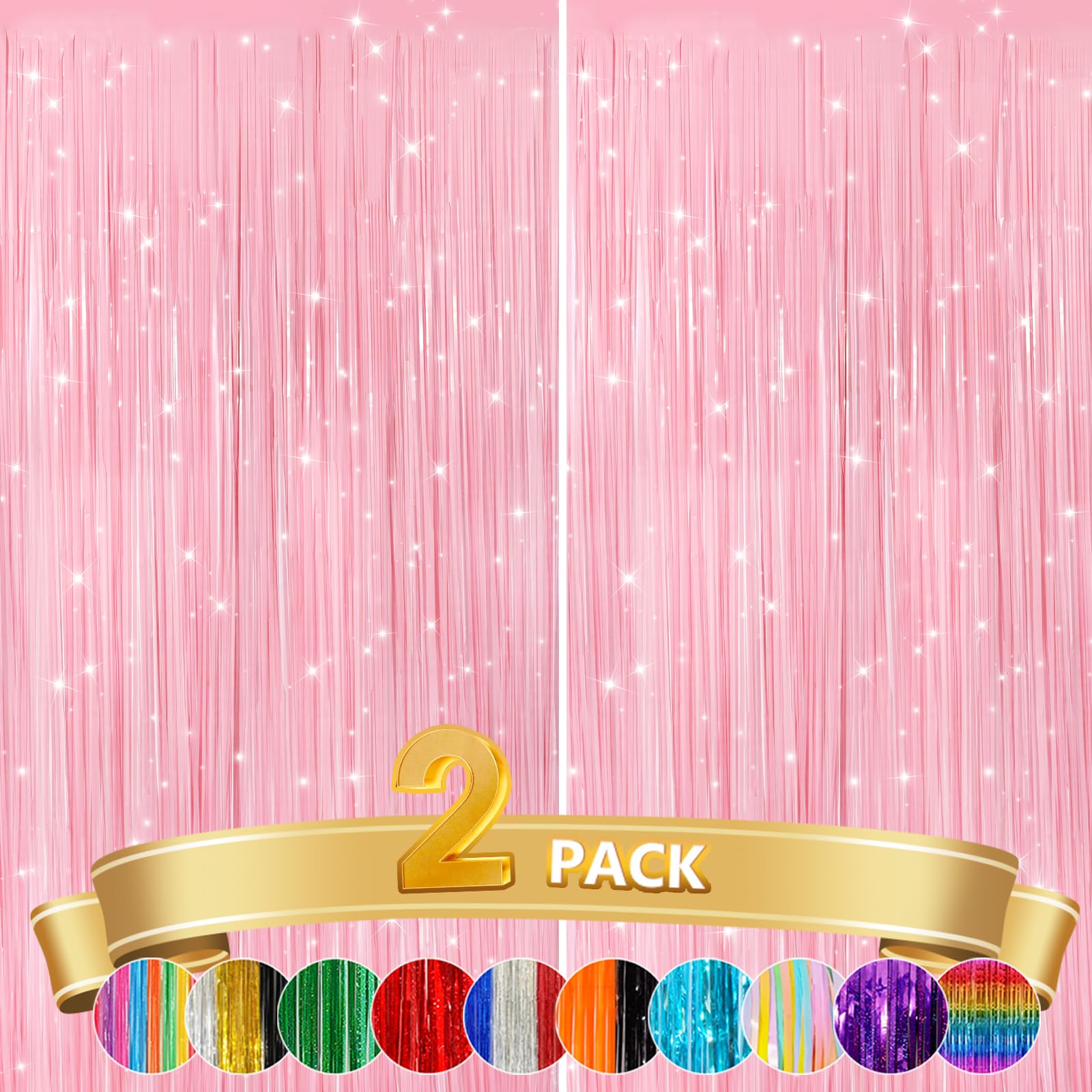 2 Pack Pastel Pink Metallic Tinsel Foil Fringe Curtains, Door Streamers Photo Booth Backdrop for Birthday Party, Tinsel Curtain Backdrop for Baby Shower Bachelorette Christmas Party Decorations
