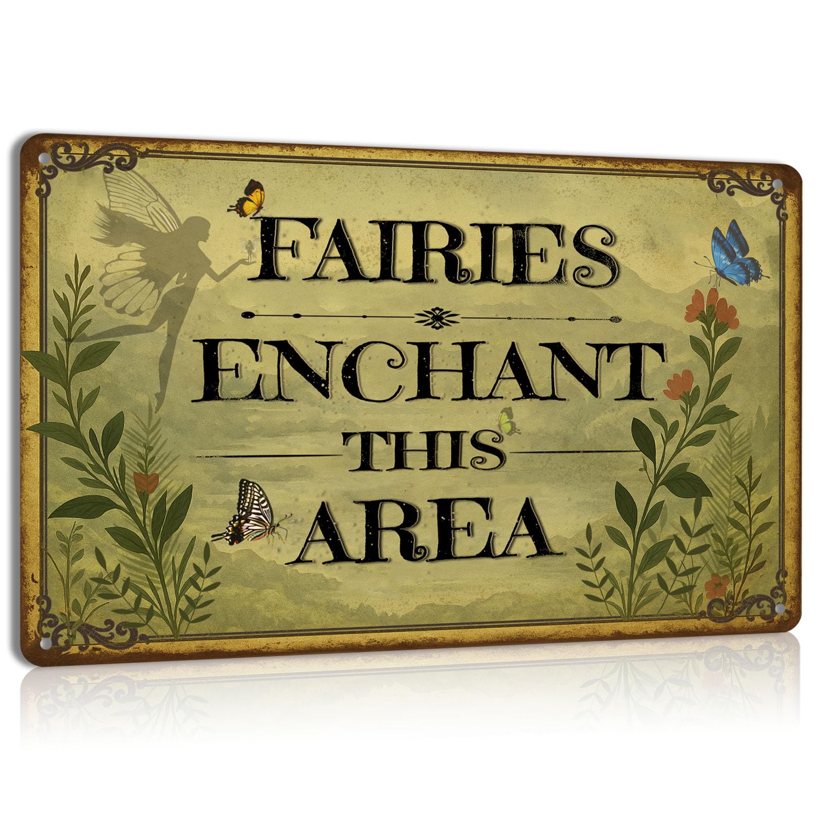 Fairy Wall Decor Tin Sign 8x6 Inch Enchanted Garden for Patio Cottagecore Spaces or Mystical Room Vintage Whimsical Metal Art
