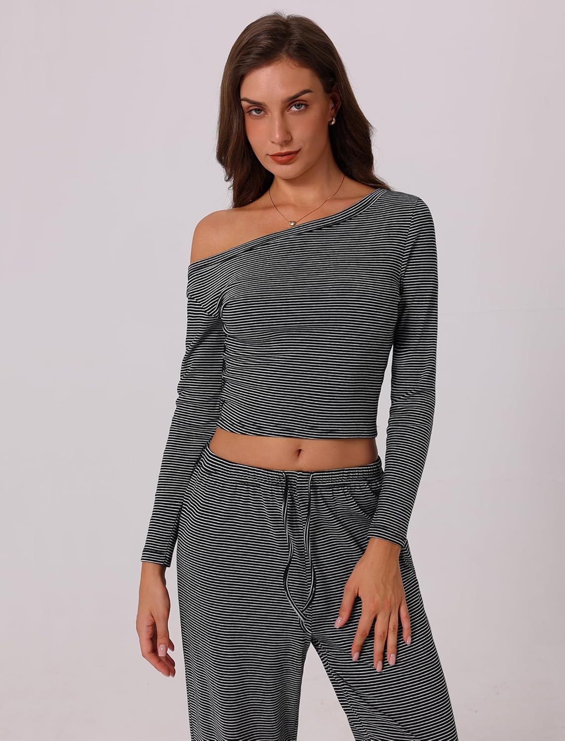 ABOCIW Women's 2 Piece Sets Fall Outfits Striped Off Shoulder Long Sleeve Top Wide Leg Pants Tracksuits Lounge Sets - Image 6