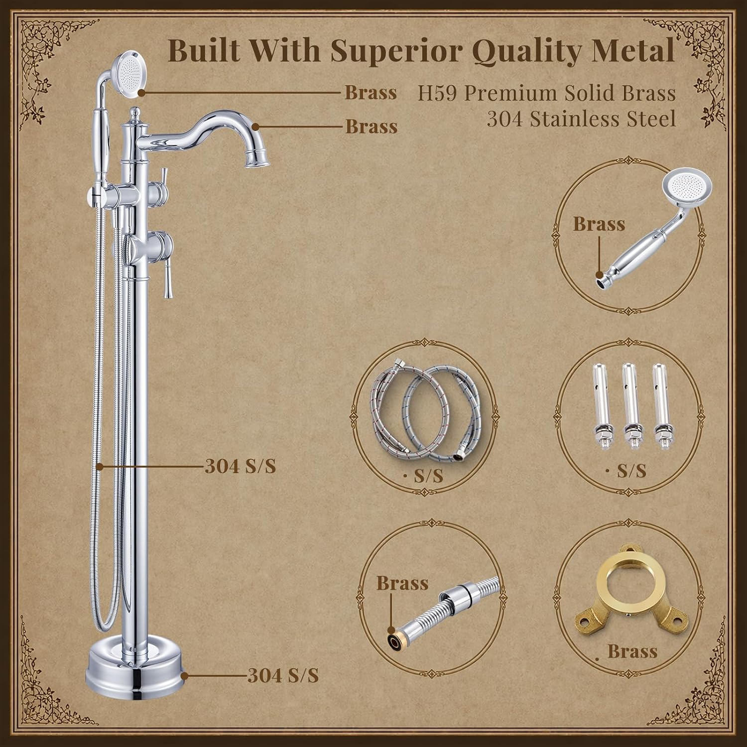 Free Standing Tub Faucet, Brass, Classic, Luxury, Chrome image 3