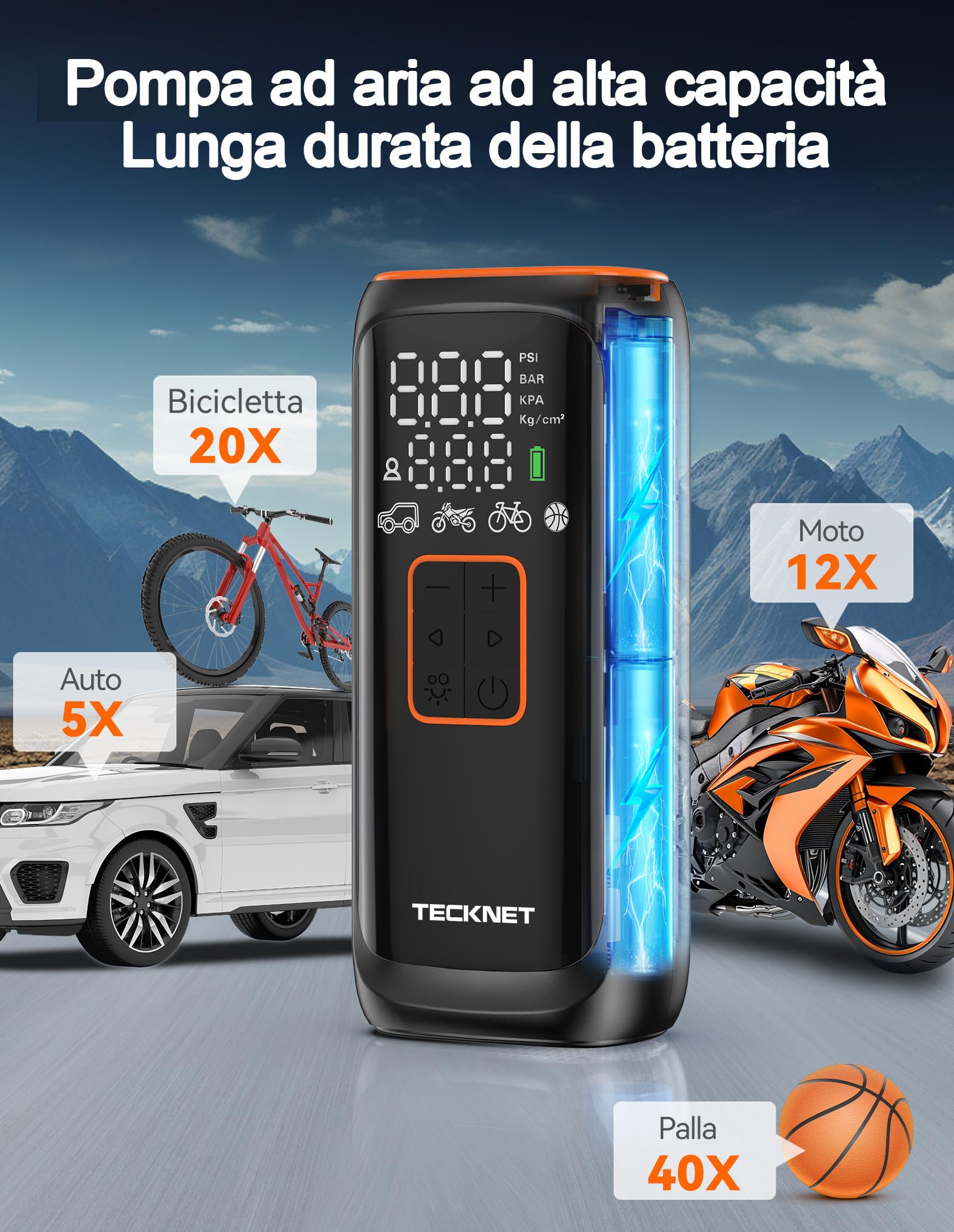 TECKNET 6000mAh Compressore Aria Portatile, 150 PSI Mini Compressore auto con Batteria Ricaricabile, Pompa per Bicicletta, compressore d'aria con manometro per auto, biciclette, moto, palle