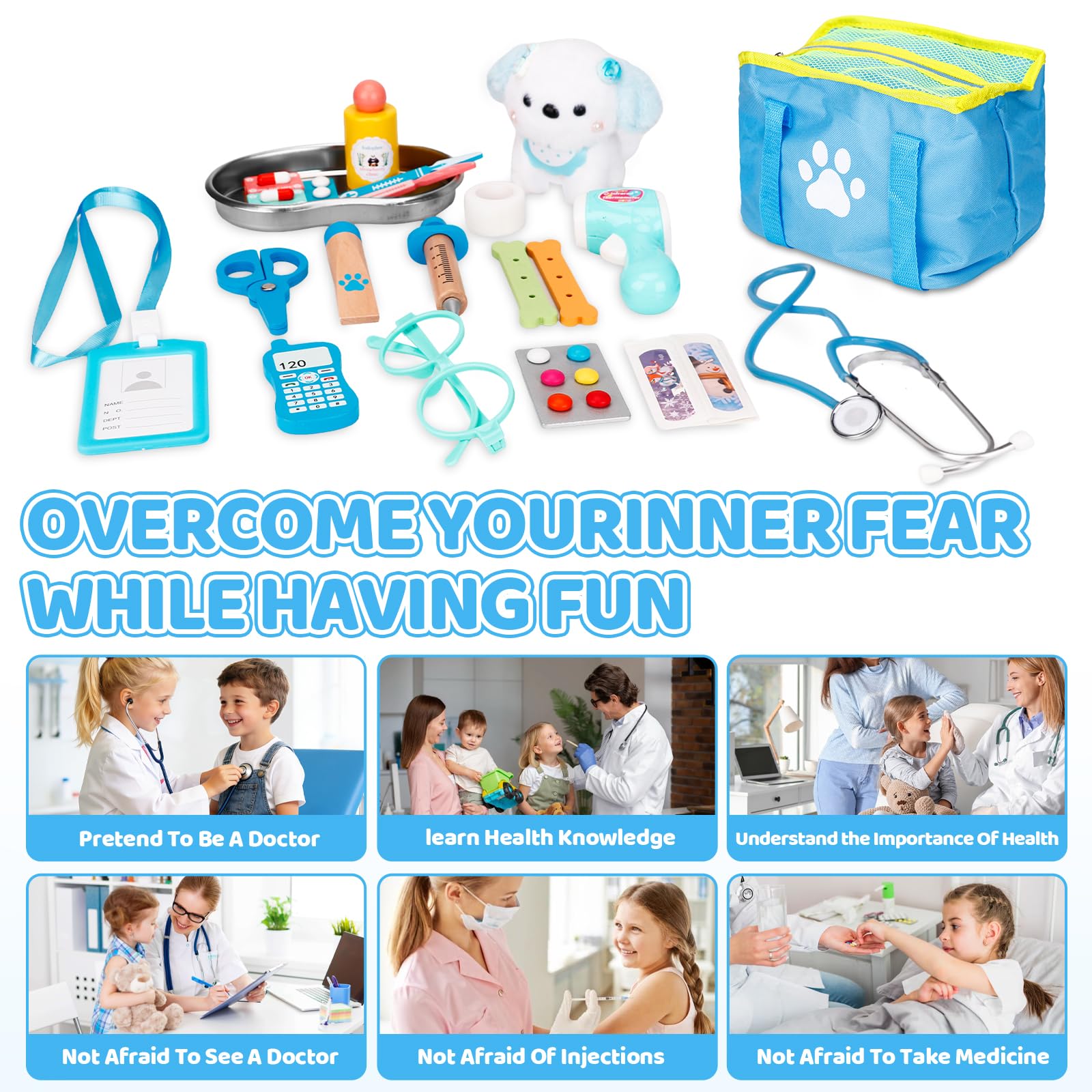 Malette Docteur Enfant,Kit Infirmiere Jouet Docteur Bois,Kit Médicale avec Véritable Stéthoscope,Thermomètre,Seringue,Jeu d'imitation Cadeau pour Fille Garçon Enfant 3 4 5 6 7 Ans