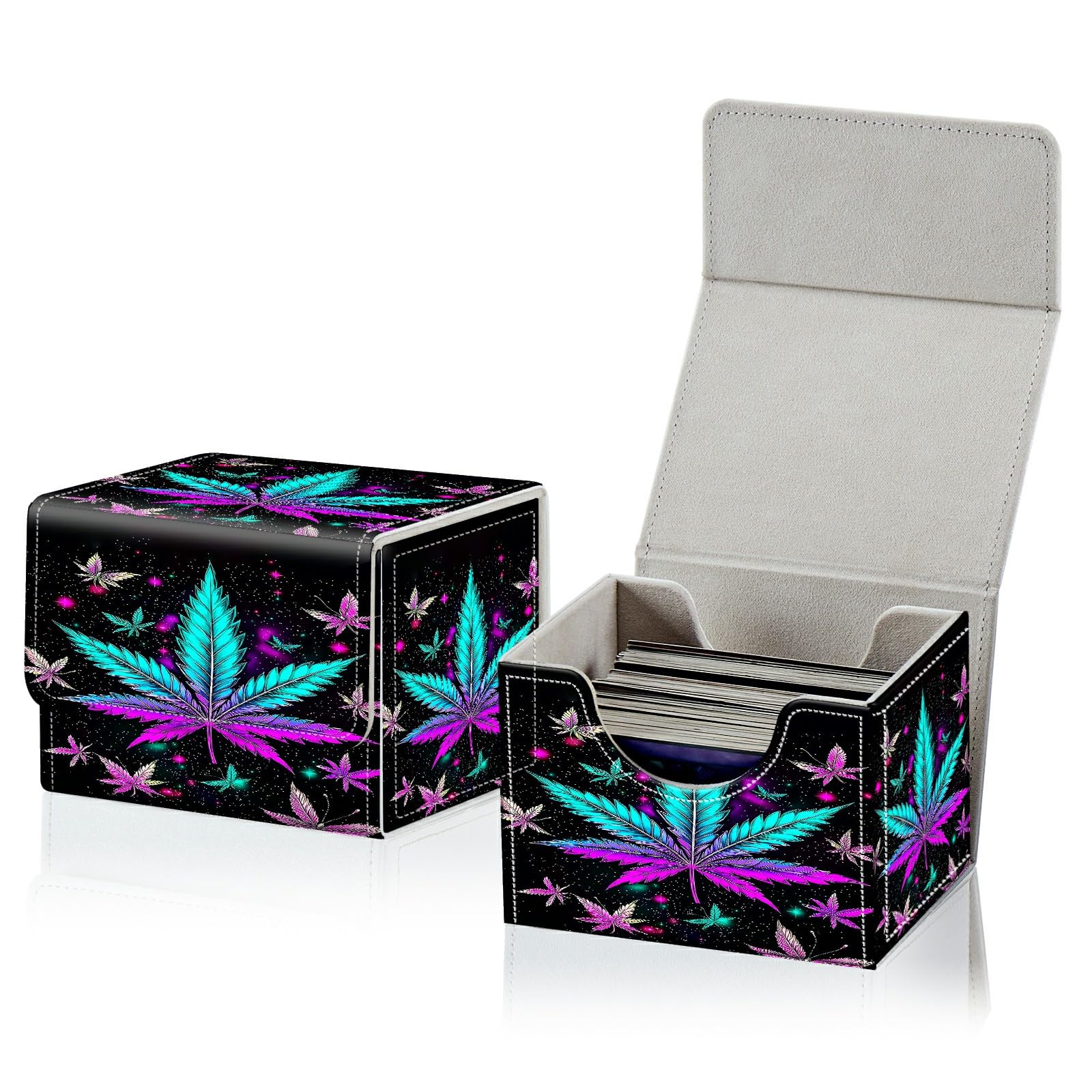 RWUTYTIUL Card Deck Box for MTG, Cards Storage Box Fits 120+ Sleeved, Leather Small Size Strong Magnetic Closing Card Case for Board Games Magic TCG CCG Baseball Collection, Purple Blue Leaf