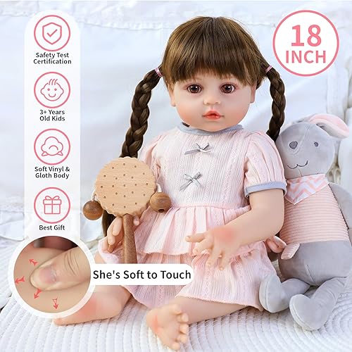 Miniatura 4 de SCOM Muñeca Reborn Realista, Cuerpo Completo de Silicona - Muñecas Realistas de 18 Pulgadas Niña con Cabello Largo Hecha a Mano, Con Ropa y