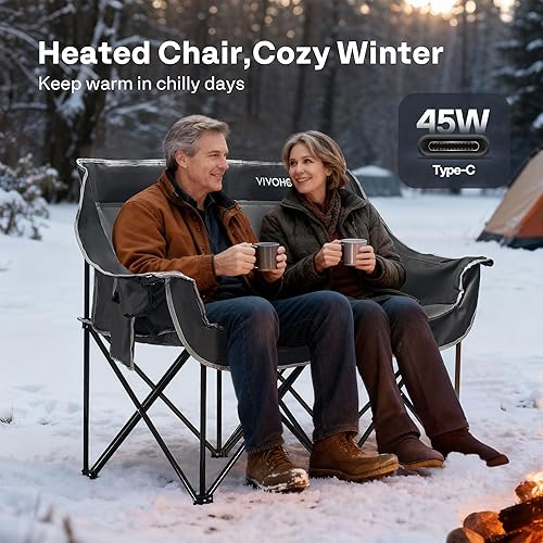 Miniatura 3 de VIVOHOME Silla de campamento doble acolchada de 45 W con 2 baterías de 27000 mAh, sofá biplaza portátil de gran tamaño con calefacción para deportes