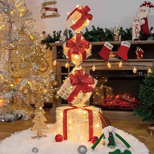 Miniatura 6 de Juego de 4 cajas de regalo iluminadas, 3.3 pies, 70 luces LED, apilables, cajas de regalo para decoraciones de Navidad, interiores y exteriores,