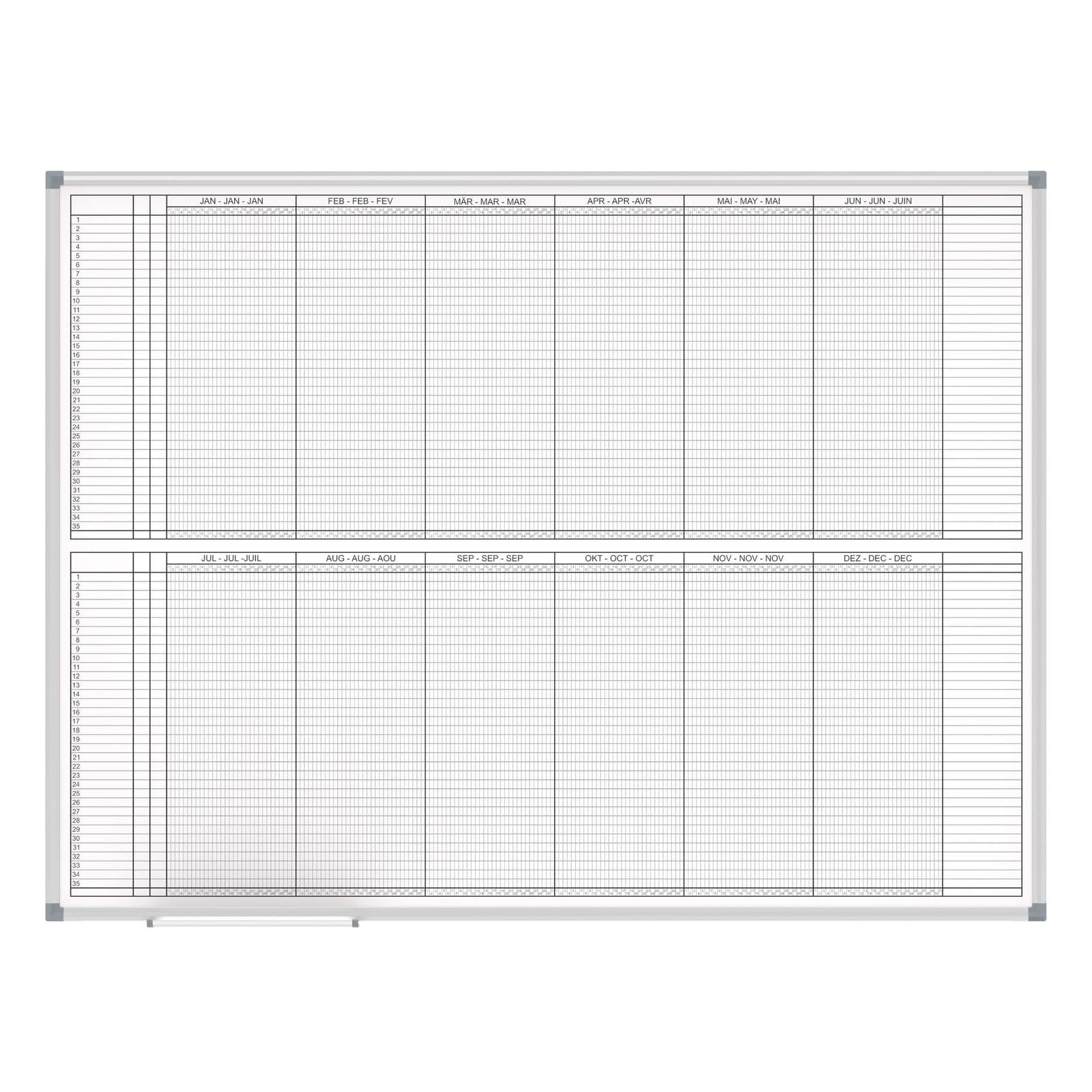 MAUL Jahresplaner weiß MAULstandard 90 x 120 cm Alurahmen Wandmontage | klare Jahresplanung, flexibel beschriftbar, trocken abwischbar, magnethaftend, robuste Stahlfläche, praktische Ablageschale