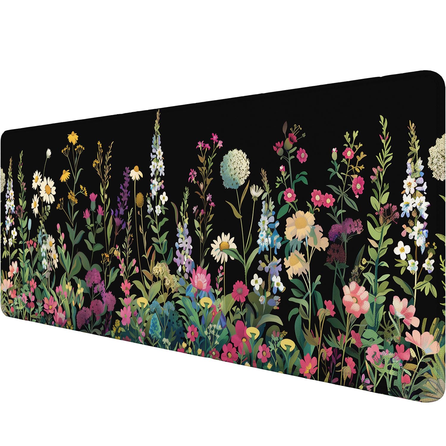 Floral Desk Mat Cute Plant Wildflowers Flowers Large Gaming Mouse Mat with Stitched Edges,Non-Slip Waterproof Rubber Base Mous Mat 31.5"x11.8" Office