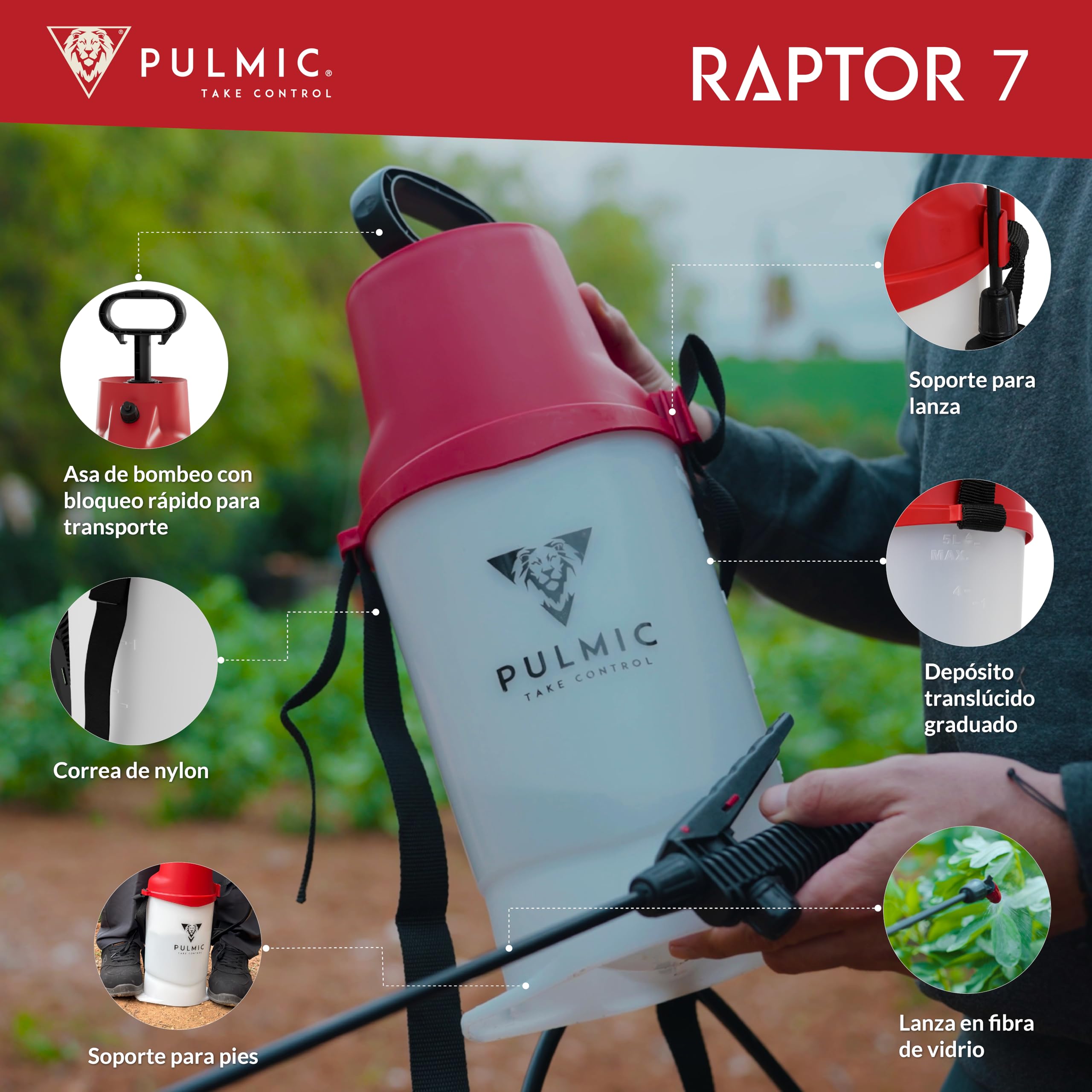 Pulverizador a Presión 5 litros, Pulverizador Manual para Plantas y Jardín, Sulfatadora Manual para Herbicidas e Insecticidas, con Lanza y Boquilla Regulable, Pulverización Precisa, PULMIC Raptor
