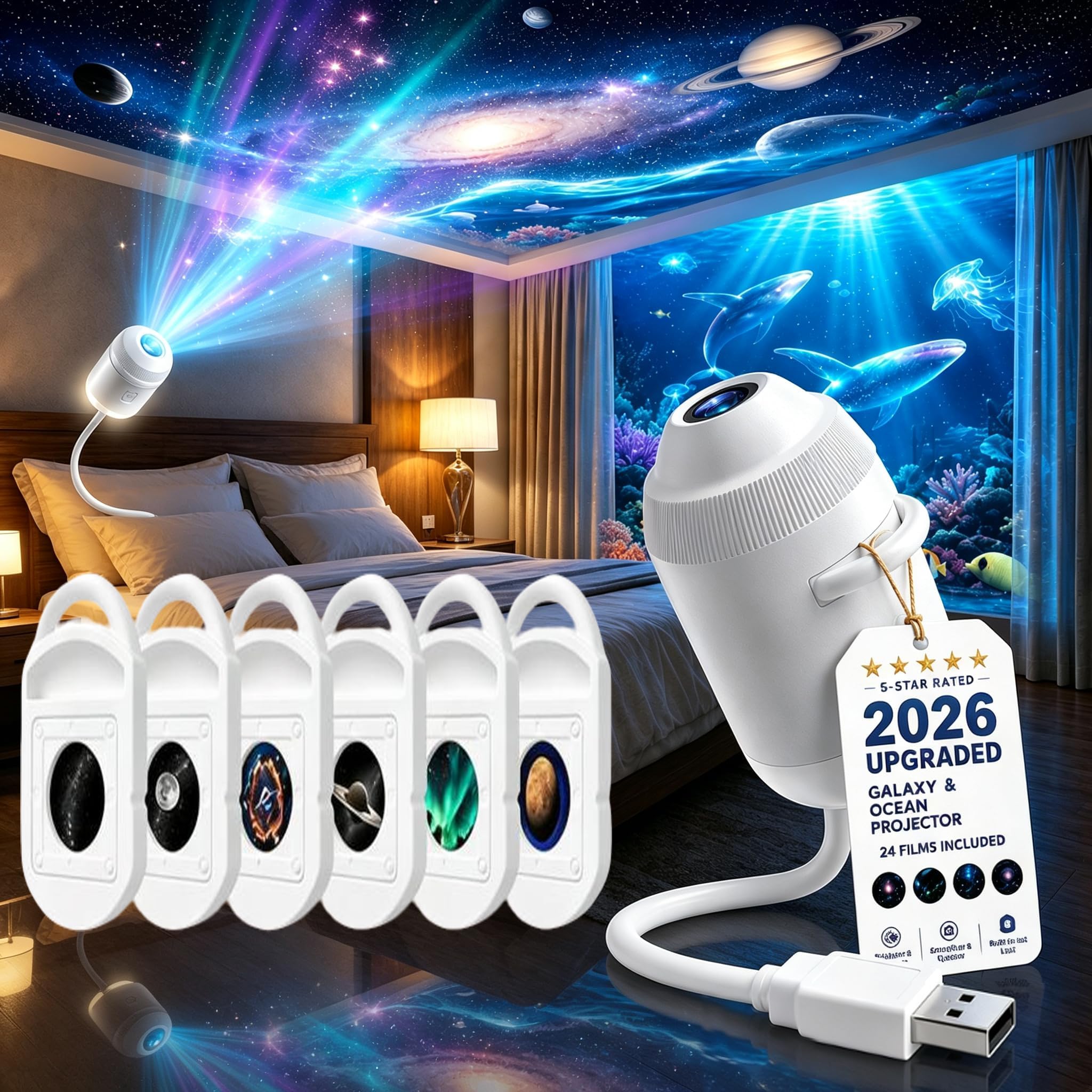 Topacme HD Smart Dynamic 5d Holographic Night Light Projector，6 Films