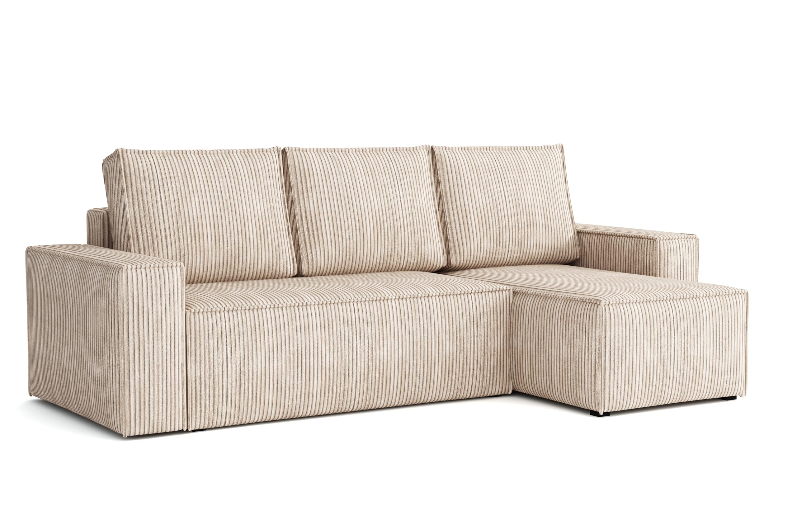 Ecksofa L Form Bergamo 240x142 cm mit Schlaffunktion und Bettkasten Couch Cord Schlafsofa Schlafcouch universale Seite klein Flur Sofa, 3 Sitzer Wohnlanschaft Cornersofa Bettsofa Kissen beige