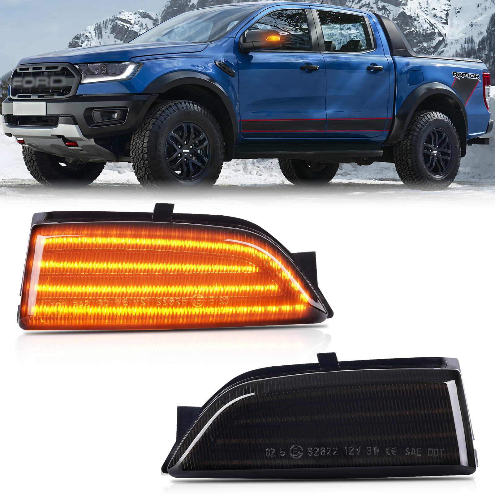 Frecce Laterale a LED per Ford Ranger T6 Raptor and Wildtrak Everest U375 / UA, Indicatore di Direzione a LED Canbus, 2 Pezzi