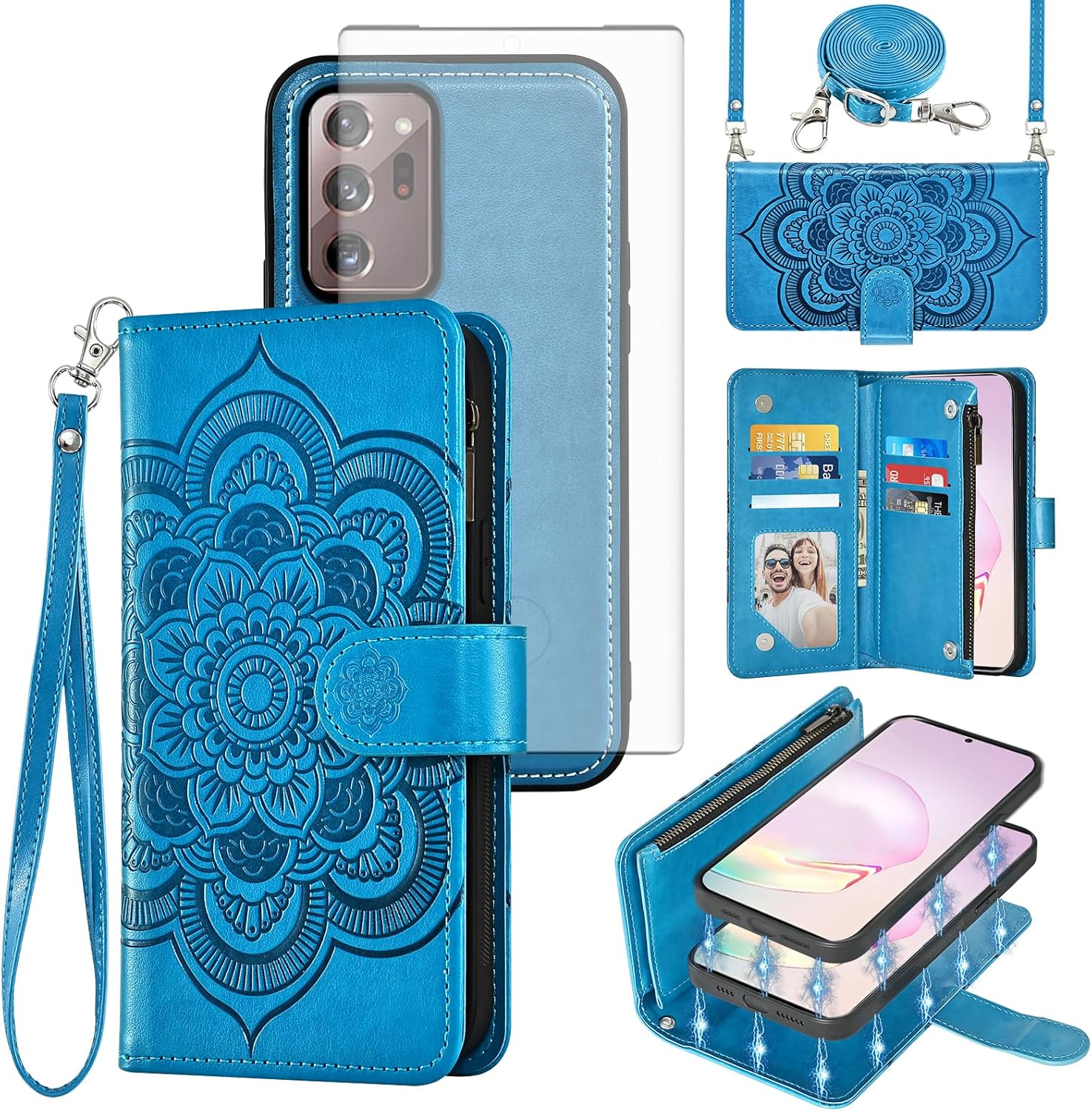 Asuwish Phone Case for Samsung Galaxy Note 20 Ultra 5G Zipper Wallet Cell Cover with Screen Protector Strap Flower Card Holder Note20 Plus Notes 20Ultra Note20+ U + 20+ Twenty Not S20 Women Girls Blue
