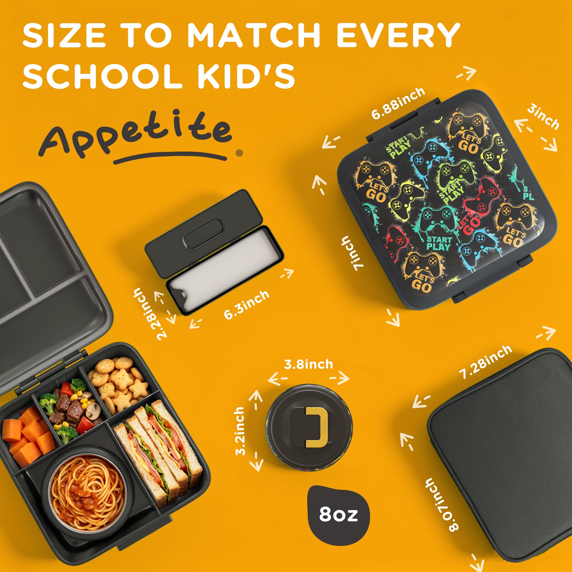 JXXM Bento pudełko na lunch dla dzieci, z termosem na zupę 237 ml, szczelne pojemniki na lunch z 5 przegródkami, termos na żywność i torba na lunch, pojemniki na żywność do szkoły (A-czarne, konsola