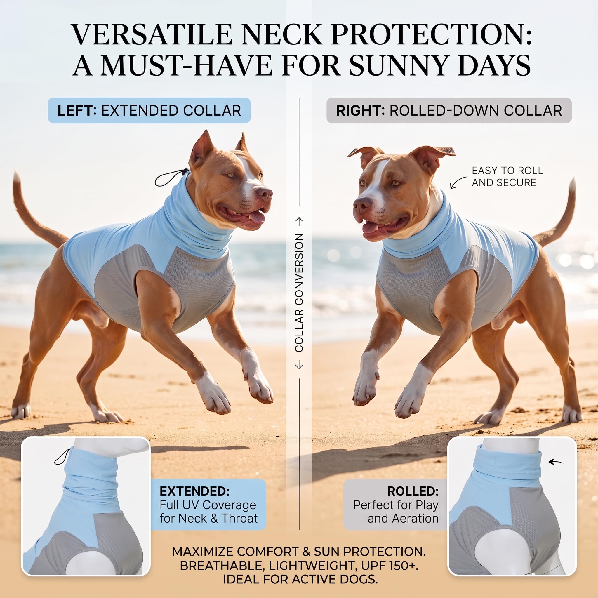 LovinPet Chemise solaire UPF 150+ pour chien, sans manches, col haut, protection UV, vêtements pour grandes races, gilet d'extérieur léger à séchage rapide avec panneau ventral respirant, bleu clair